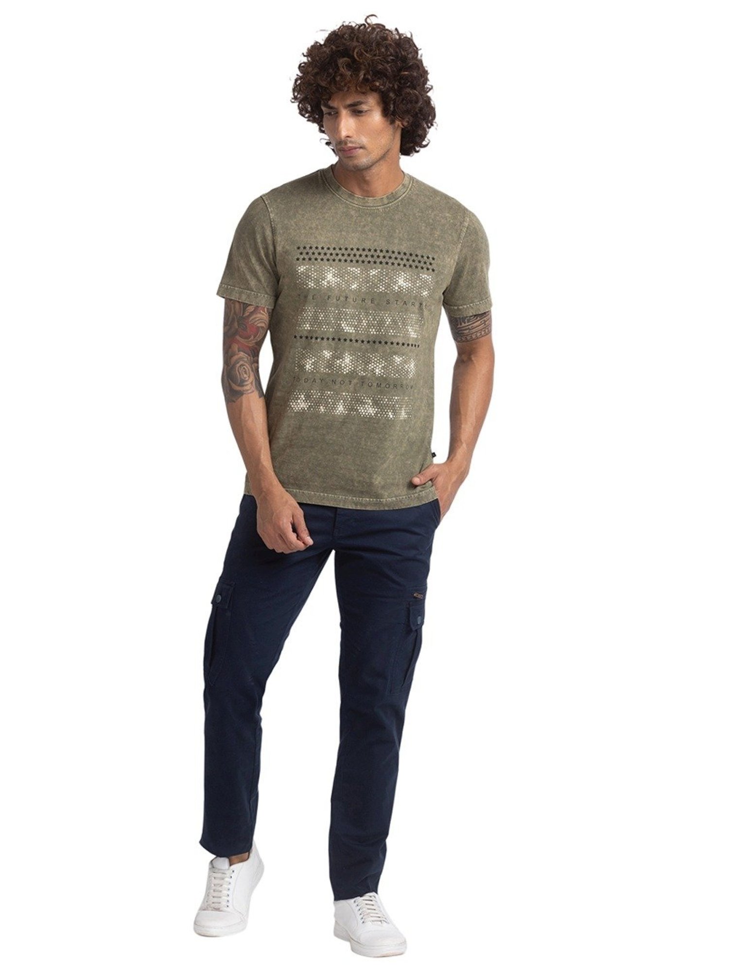 Parx Green Cotton Regular Fit Printed T-Shirt