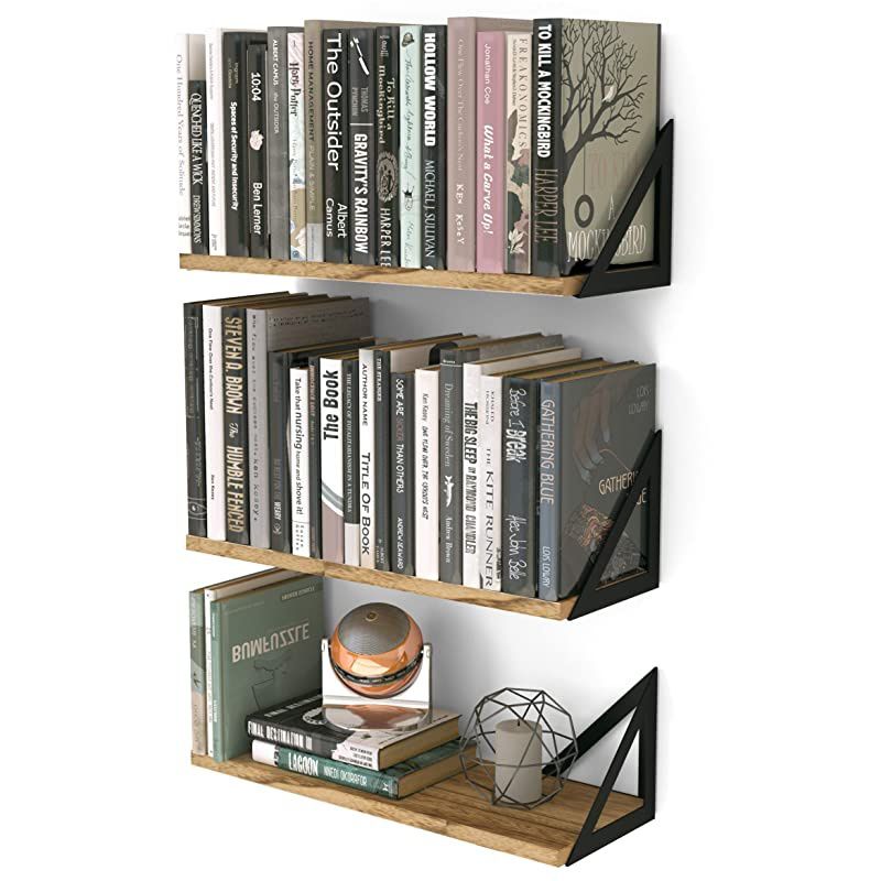 Minori Floating Shelves Set of 3 Small Bookshelf Unit for Living Room Office and Bedroom Natural Burned Rustic Wood Wall Decor with Metal Floating Shelf Bracket
