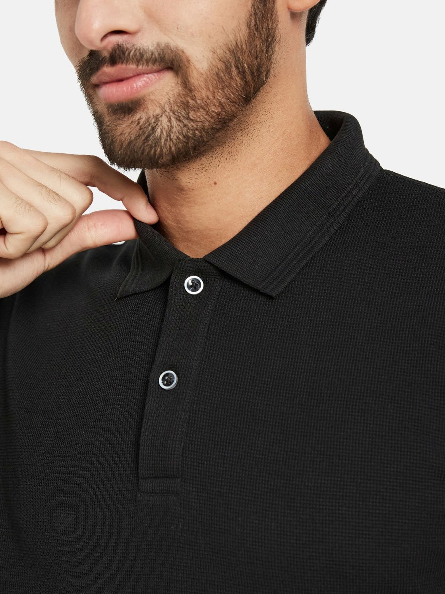 METTLE Black Regular Fit Textured Polo T-Shirt