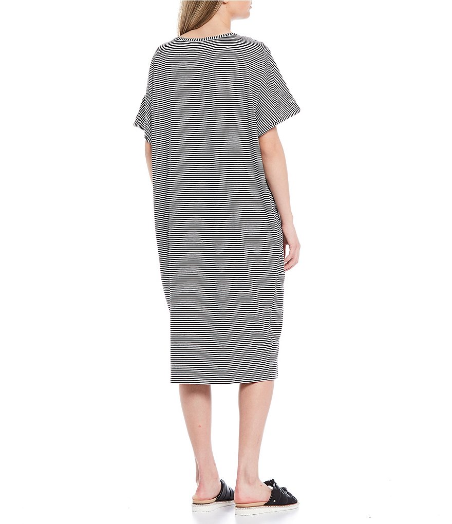 Kate Landry Striped V-Neck Short Sleeve Knit Midi Lounge Dress