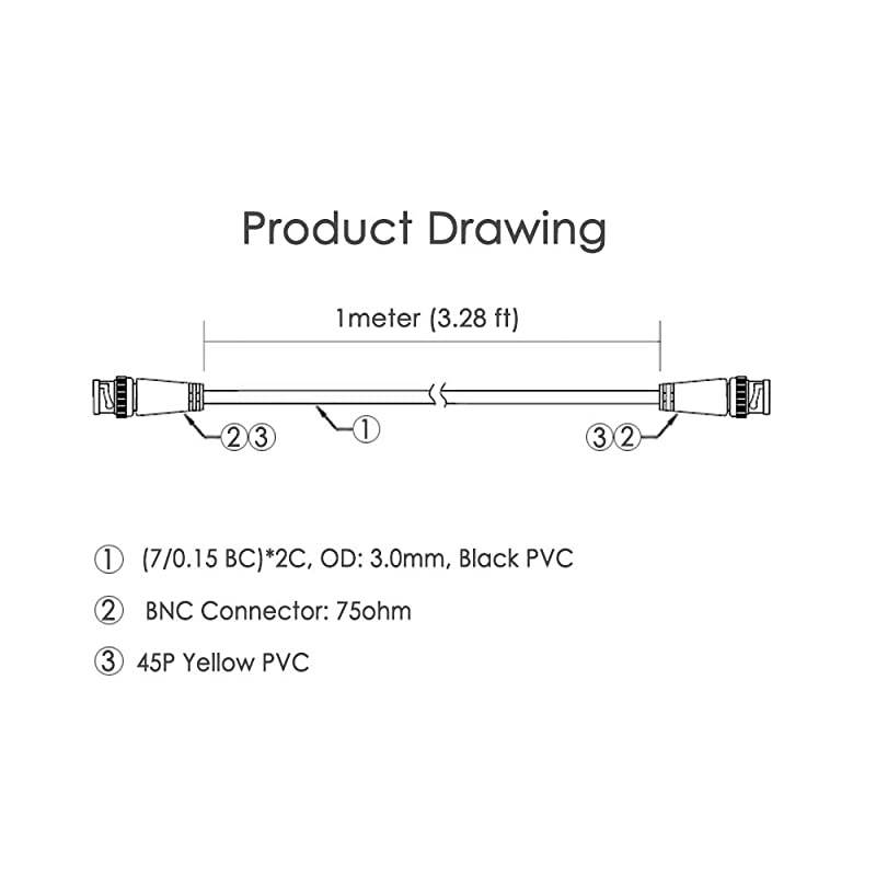 6Pack Black 1m 33ft BNC Male to BNC Male Jumper Cable with Yellow Connector for CCTV DVR to TV System
