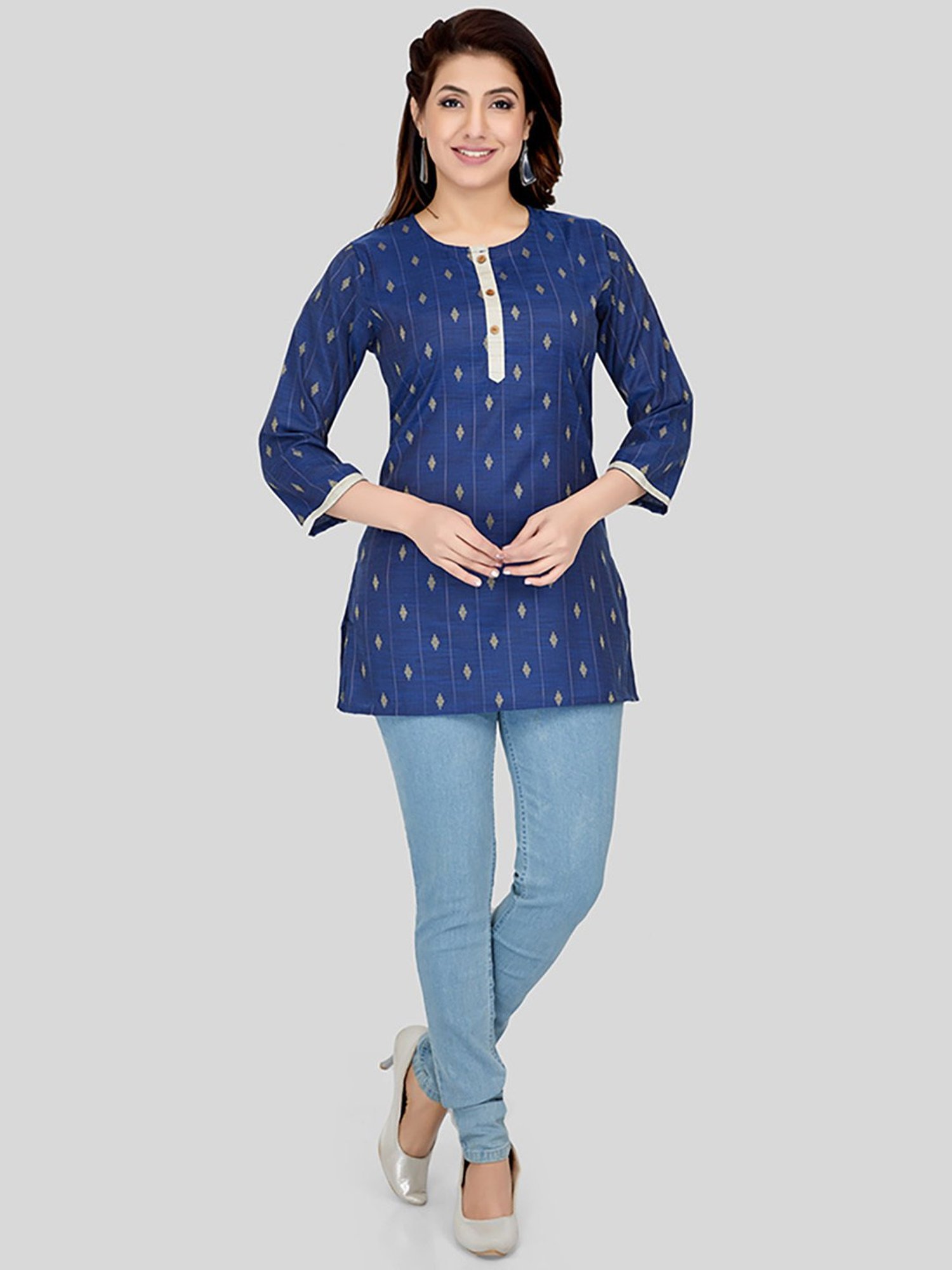 Saree Swarg Blue Woven Pattern Straight Short Kurti