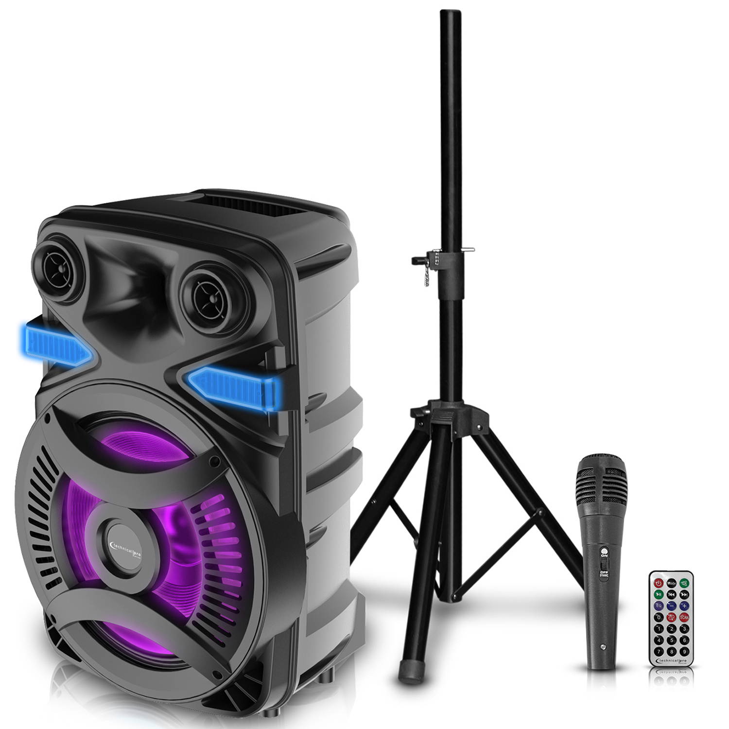 Technical Pro Rechargeable 15 Inch Bluetooth LED Speaker Package with Tripod & Microphone, Bluetooth LED Lights, LED Woofer, Telescoping Handle, SD/ USB Inputs, Tripod Included, TWS Stereo Sound