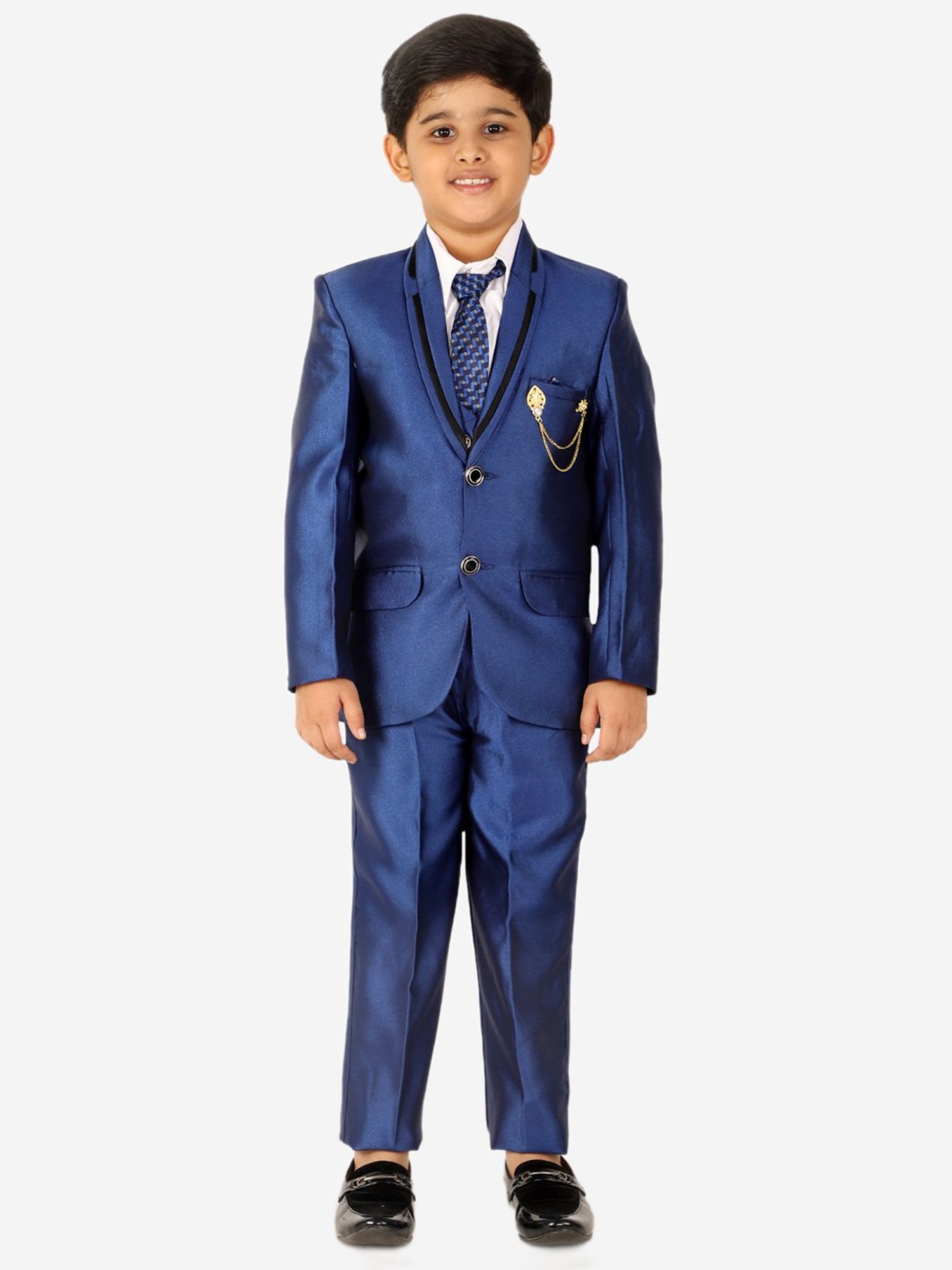 Fourfolds Boys Blue & White Solid Full Sleeves Suit Set