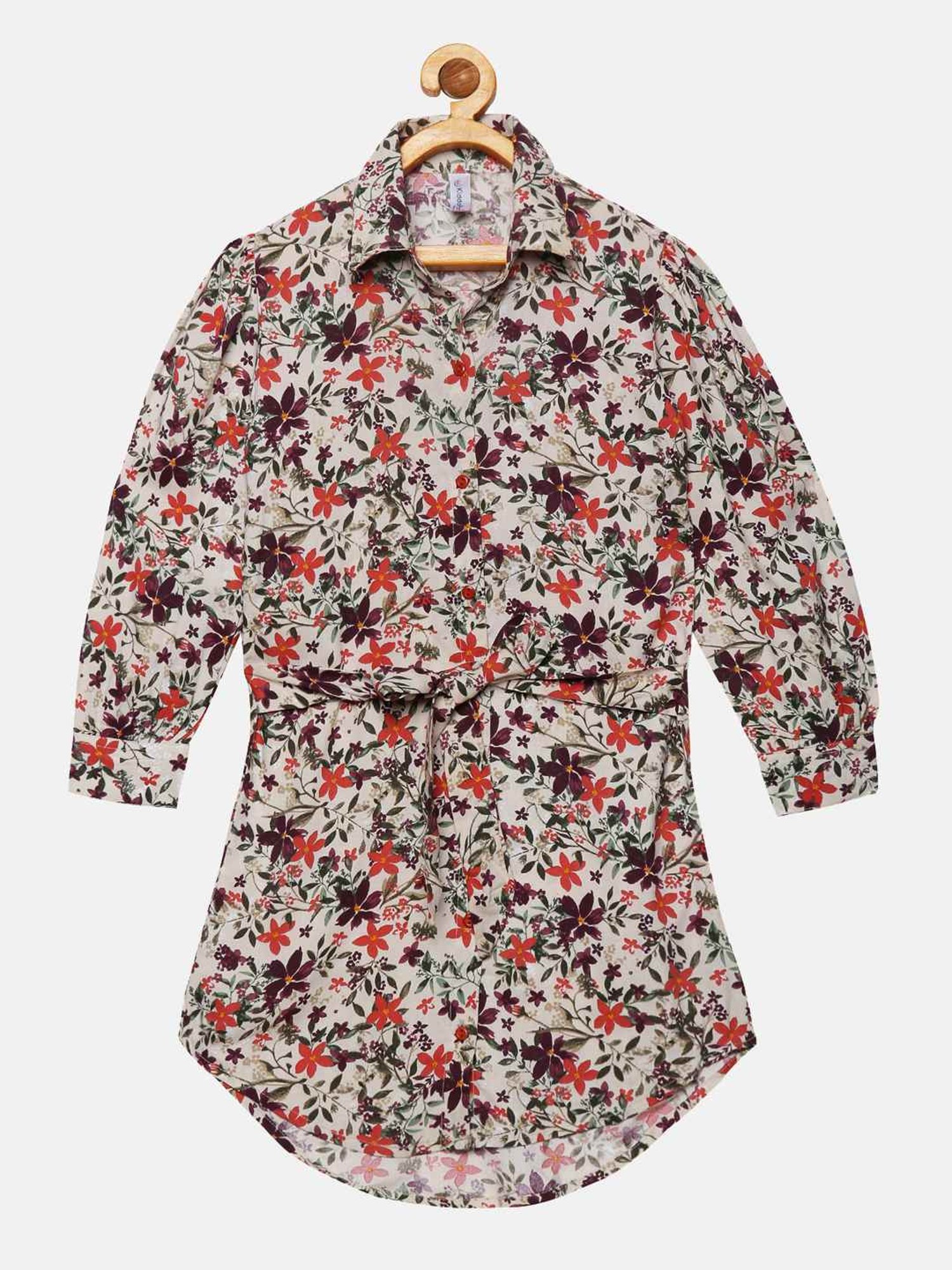 Kiddopanti Kids Beige Floral Print Full Sleeves Dress