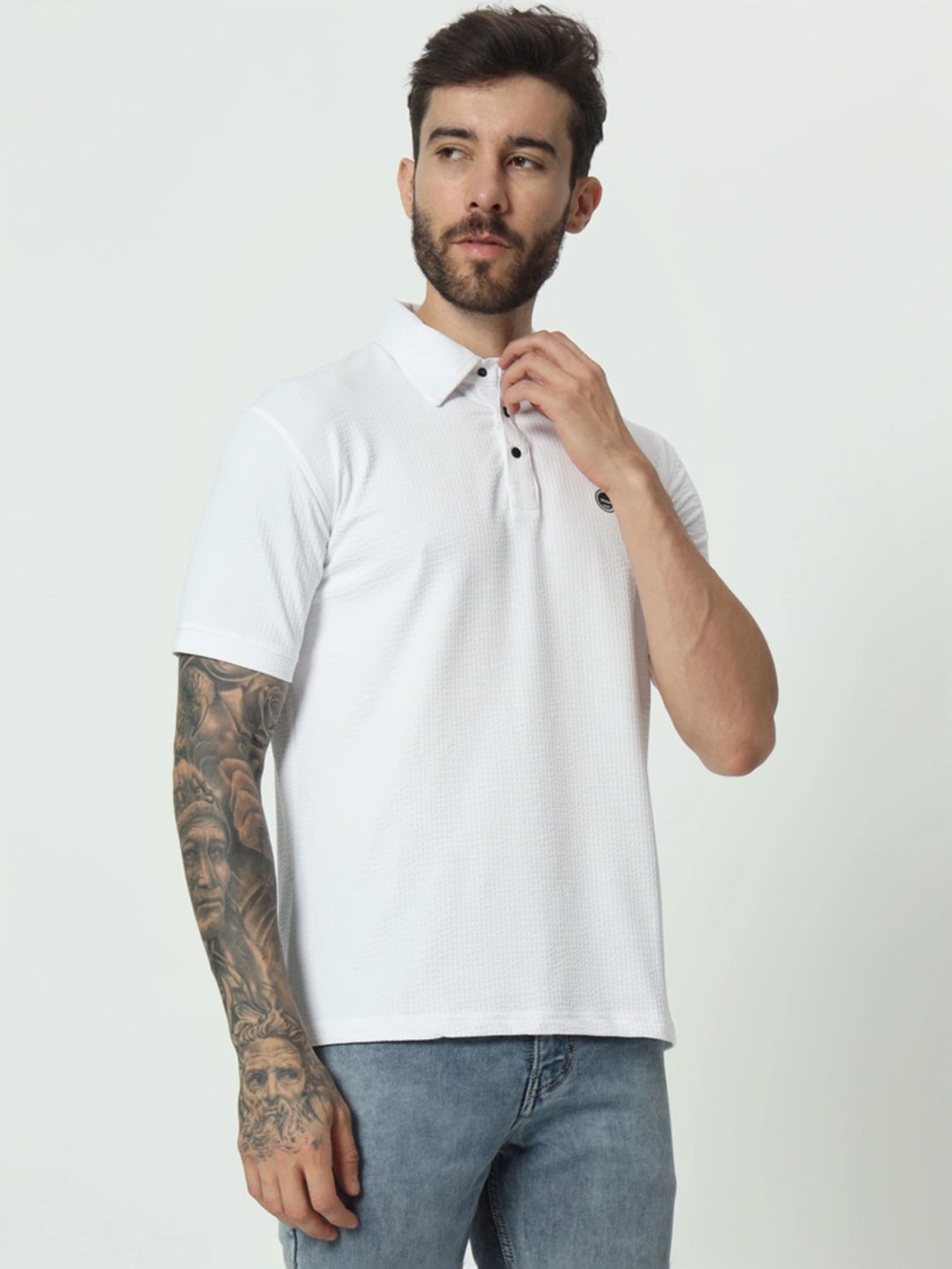 Tab91 White Regular Fit Self Pattern Polo T-Shirts