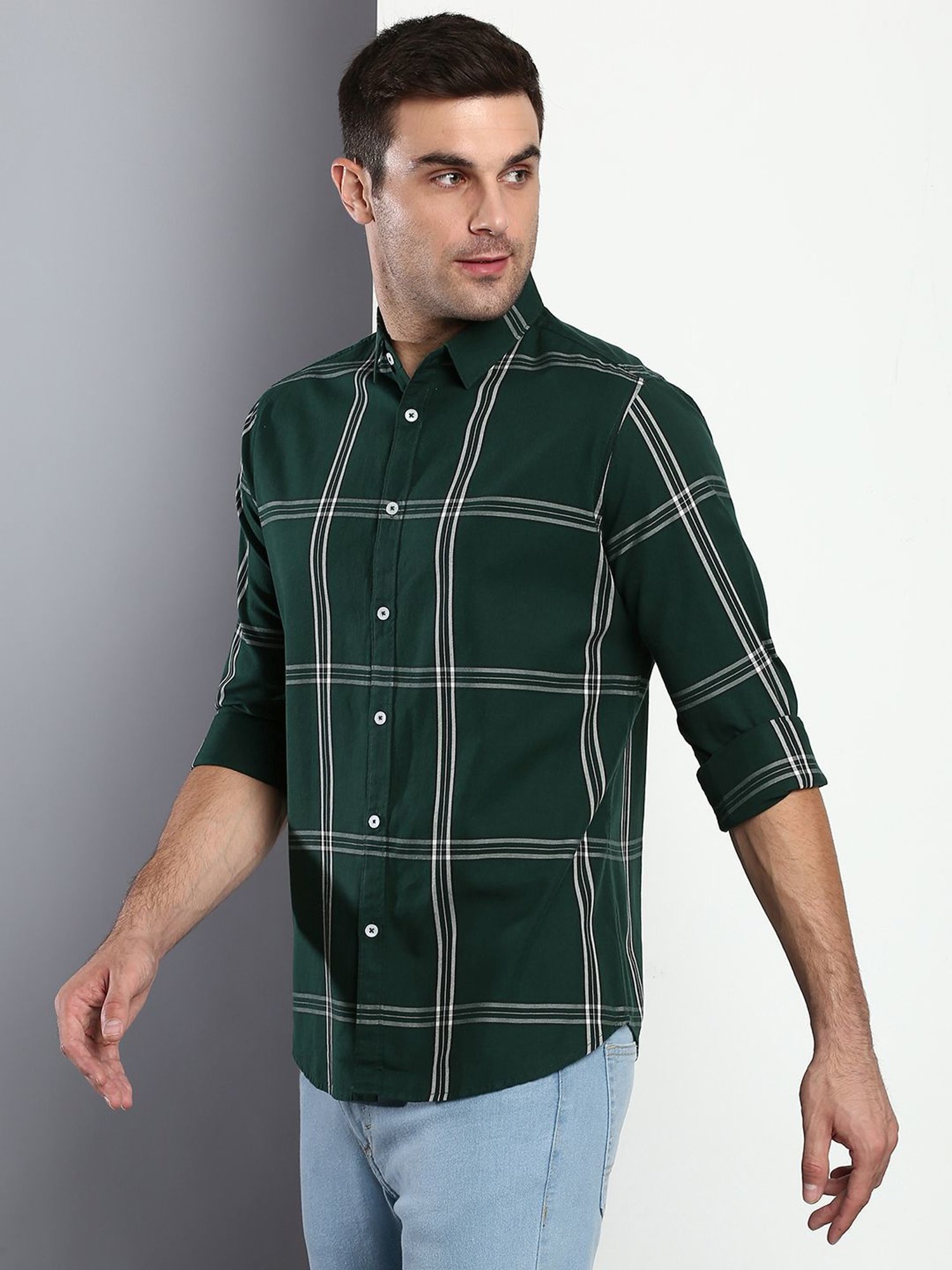 Dennis Lingo Green Cotton Slim Fit Checks Shirt