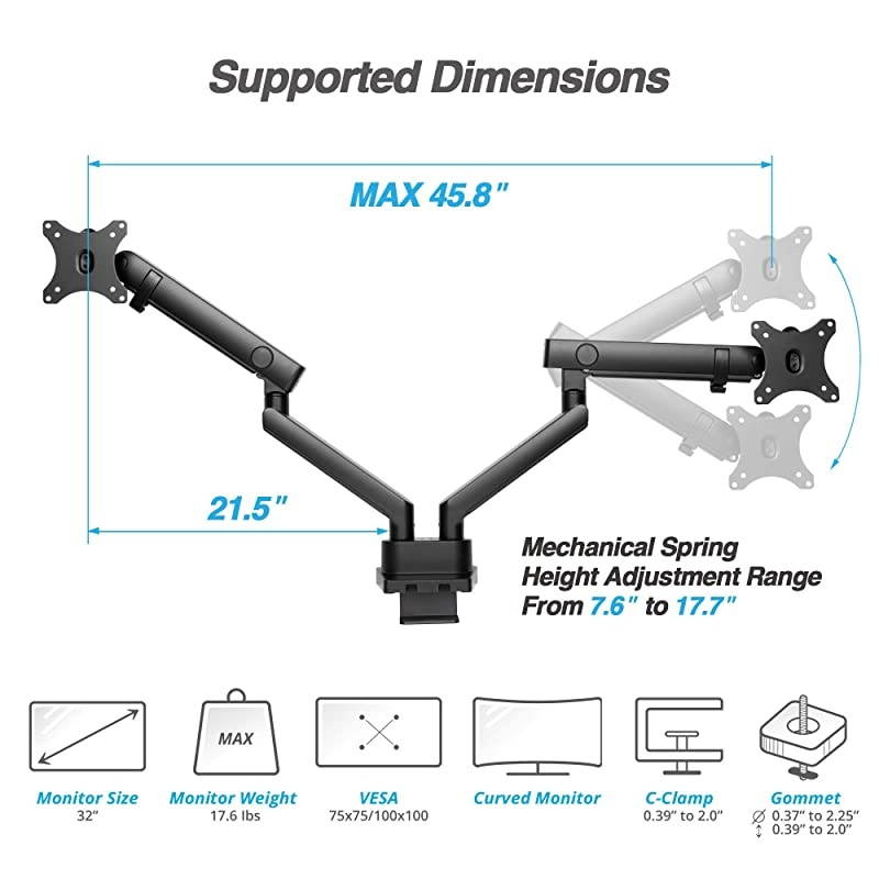 Dual 1332 Monitor Arm Desk Mount fits Two FlatCurved Monitor Full Motion Height Swivel Tilt Rotation Adjustable Monitor Arm VESACClampGrommetCable Management
