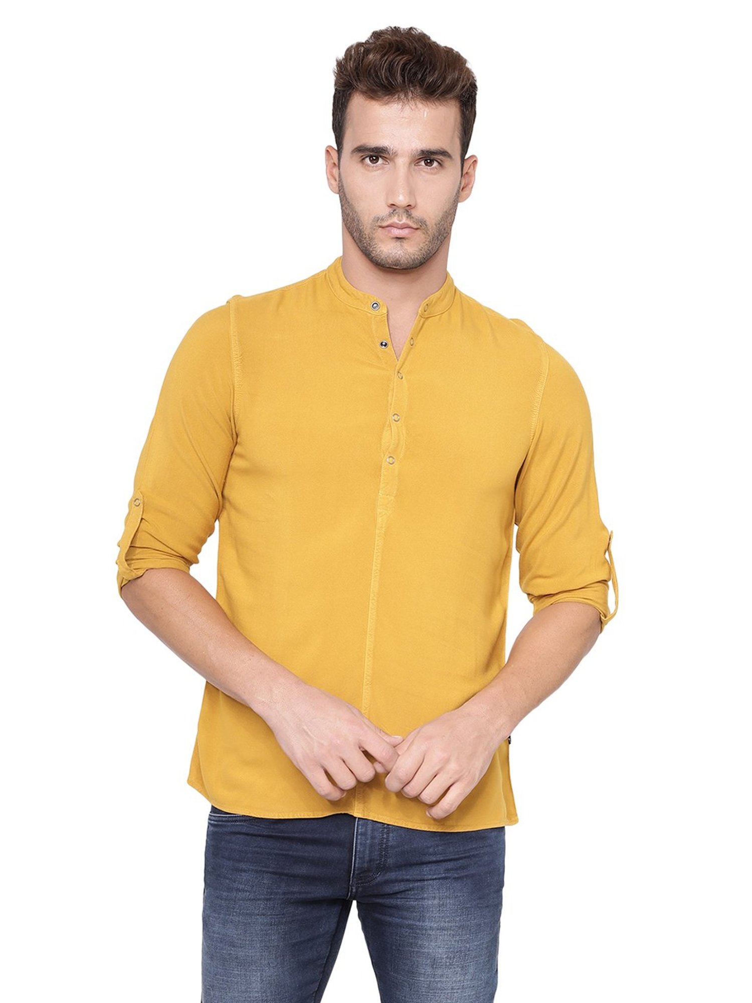 Identiti Mustard Full Sleeves Solid Slim Fit Short Kurta