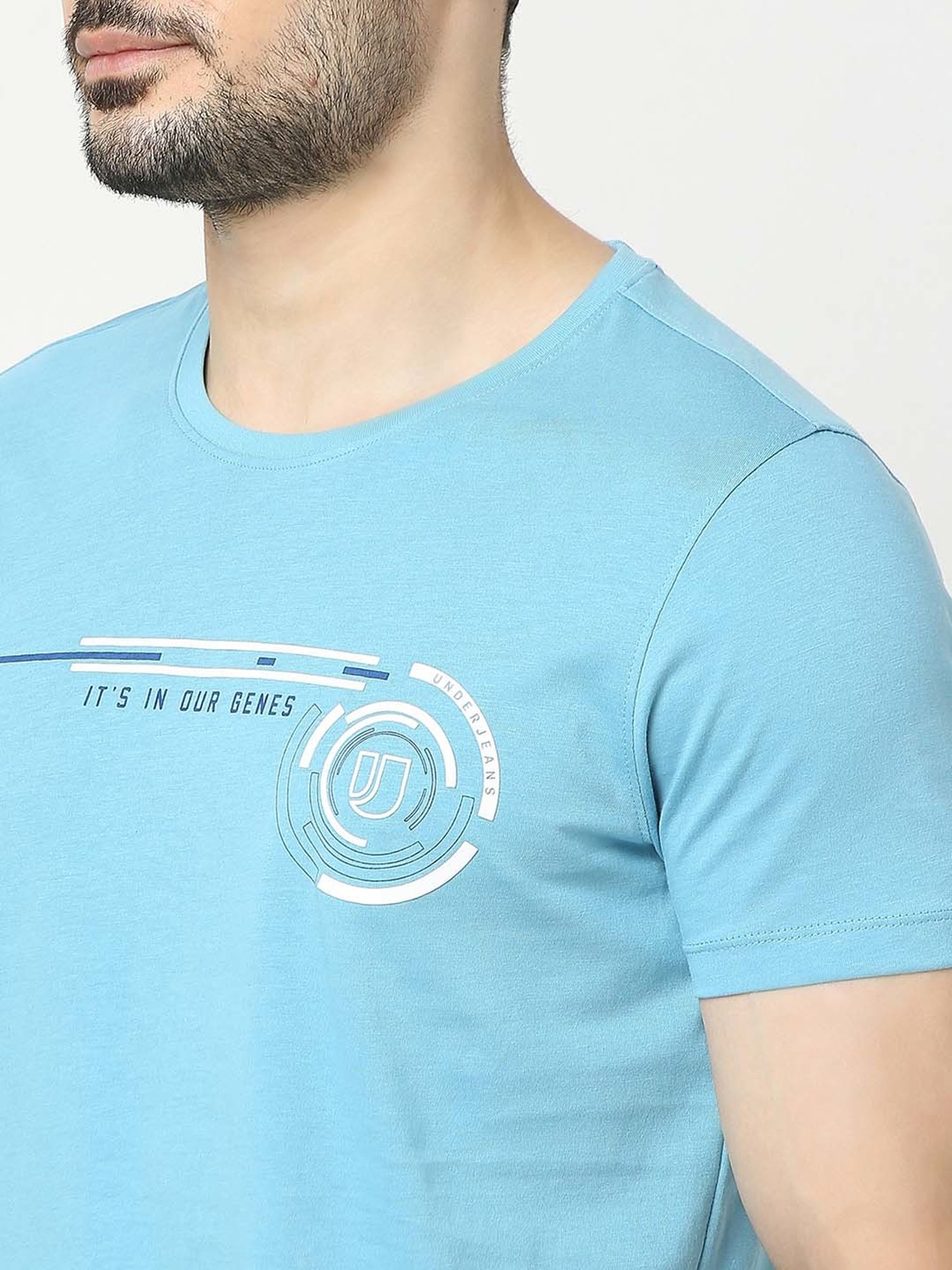 UnderJeans by Spykar Blue Regular Fit Printed Cotton Crew T-Shirt