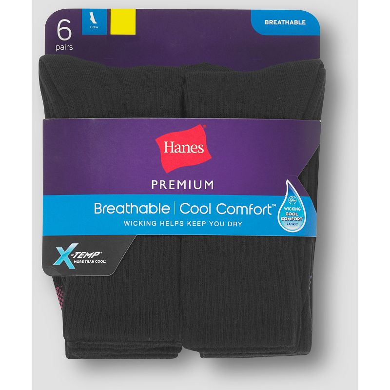 Hanes Premium 6 Pack Women's Cool Comfort Lightweight Crew Socks - Black 8-12