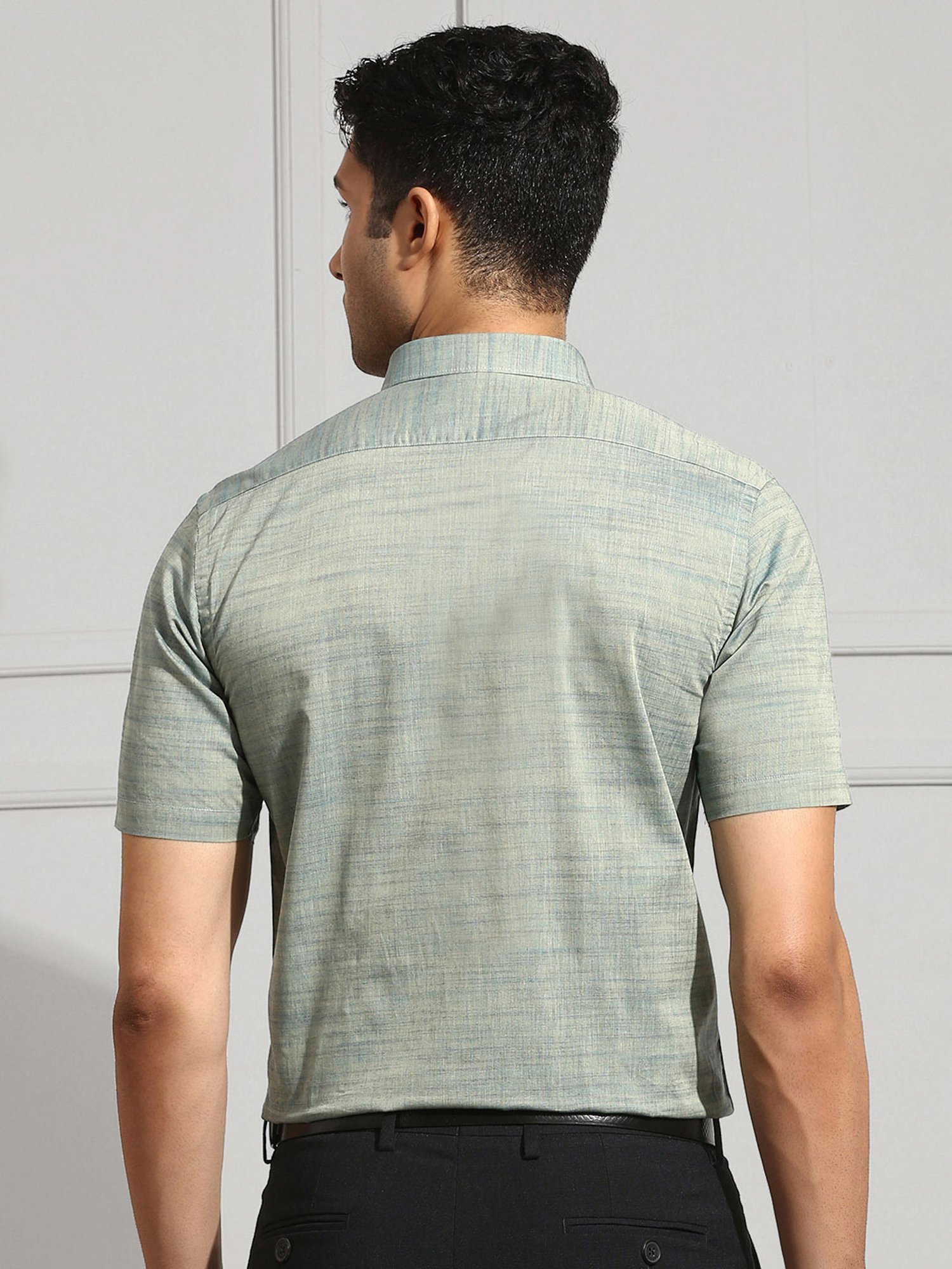 Ramraj Pale Green Regular Fit Textured Cotton Shirt