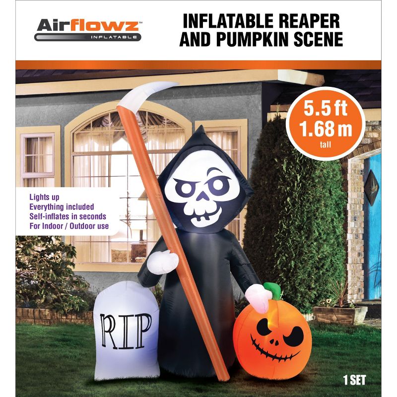 Occasions 5.5' Inflatable Reaper and Pumpkin Scene, 5.5 ft Tall, Multicolored