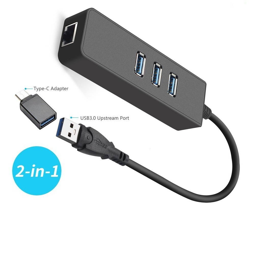 Updated 3-Port USB 3.0 Hub with RJ45 10/100/1000 Gigabit Ethernet Adapter Converter LAN Wired USB Network Adapter, USB 3.0/Type C to RJ45 1 Gigabit Port for Ultrabooks, Notebooks, Tablets and More