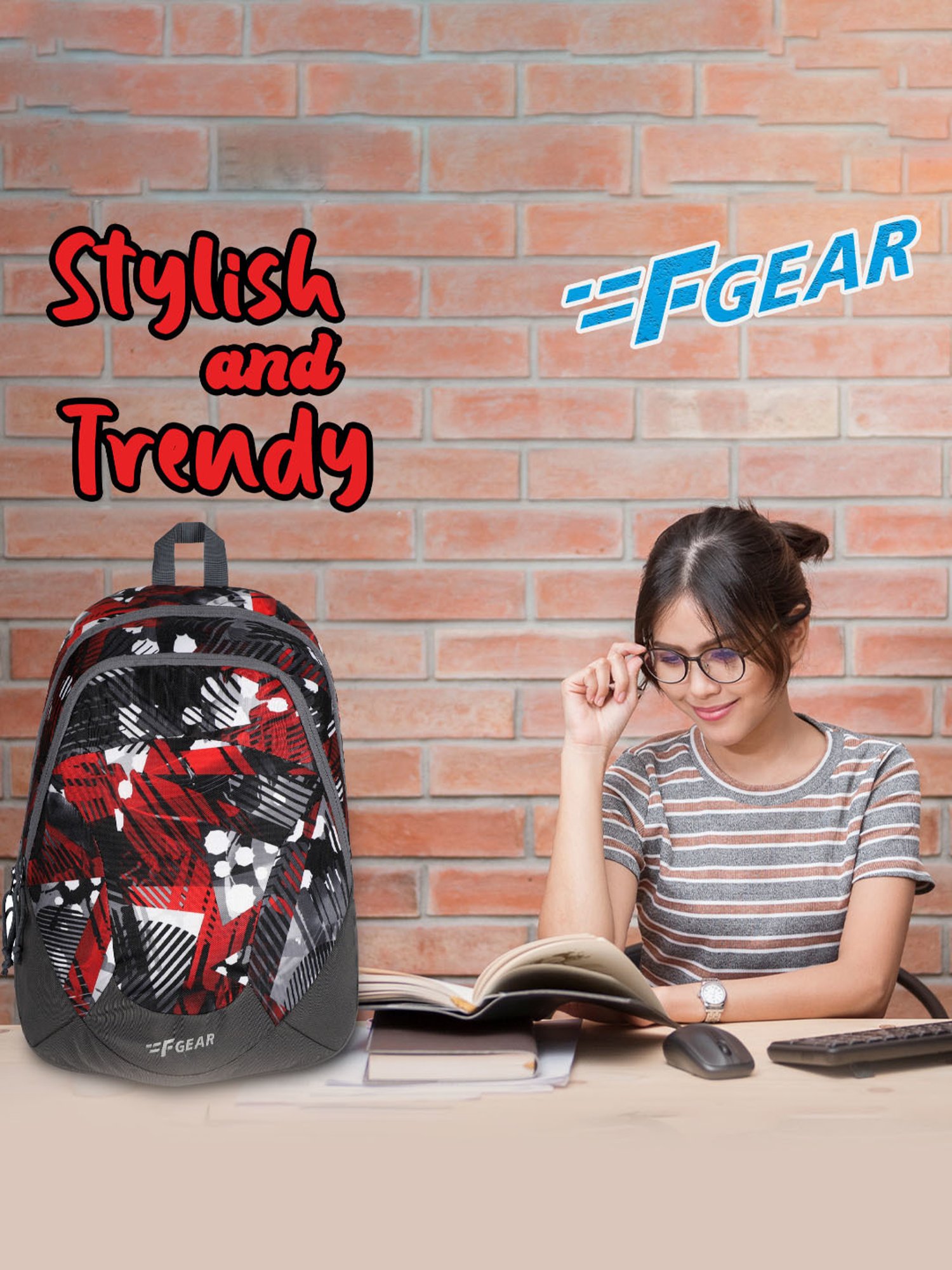 F Gear Amari Geometric Black Red Printed Small Backpack