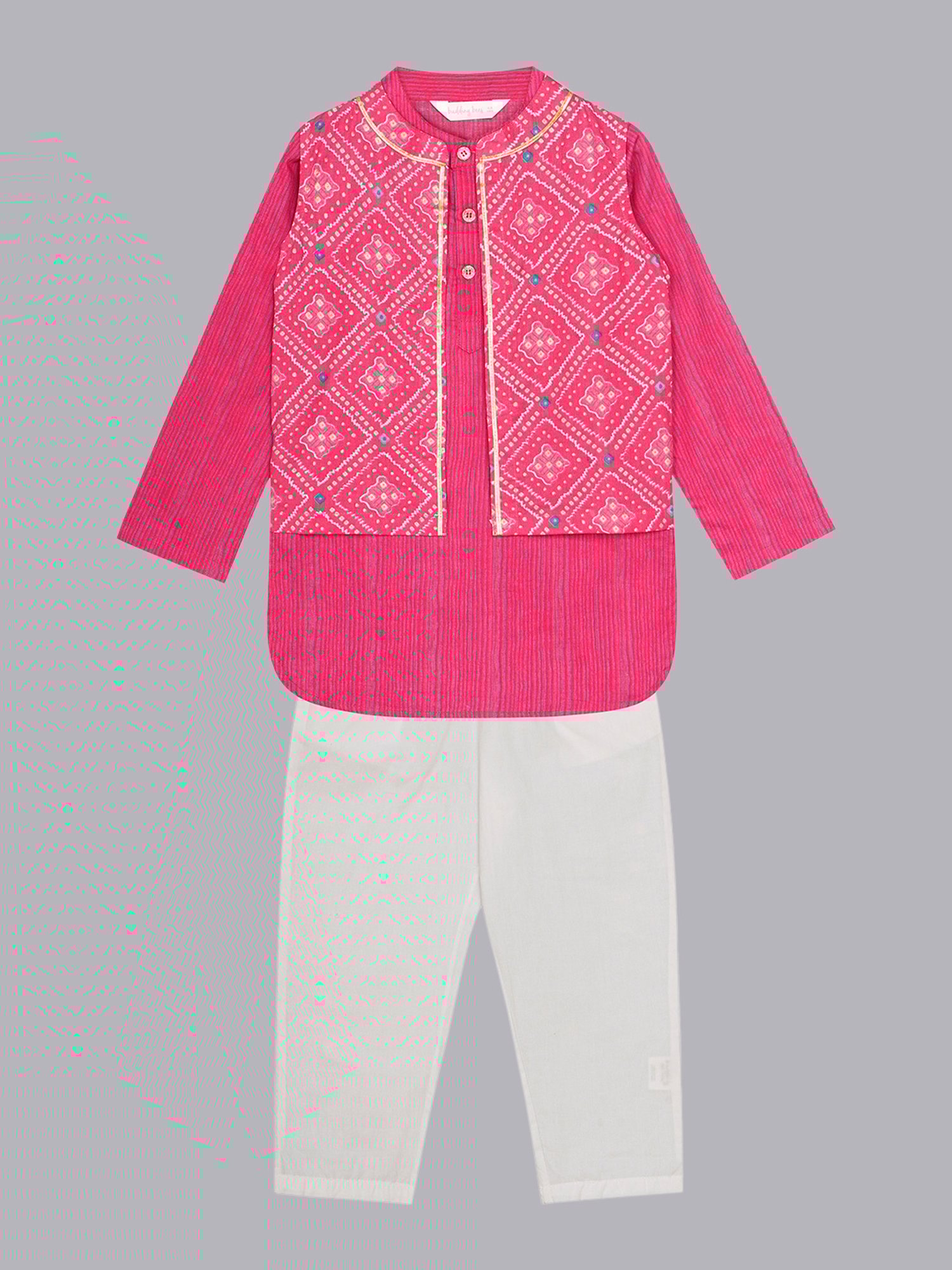 Budding Bees Boys Pink & White Printed Full Sleeves Kurta, Pyjamas & Nehru Jacket