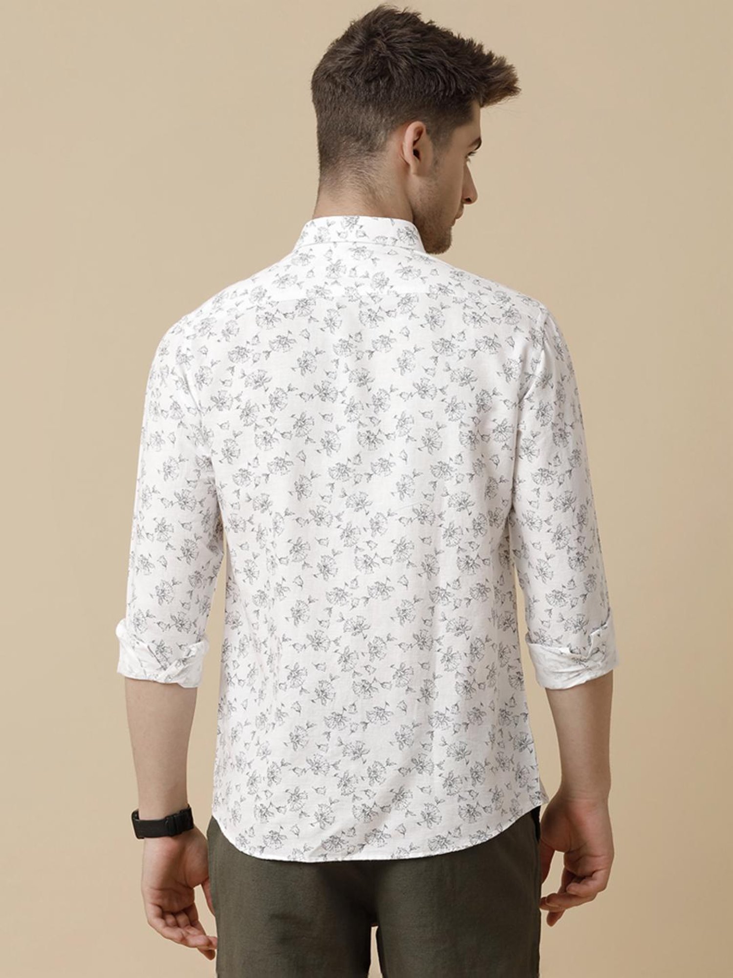 Linen Club White Linen Contemporary Fit Printed Shirt