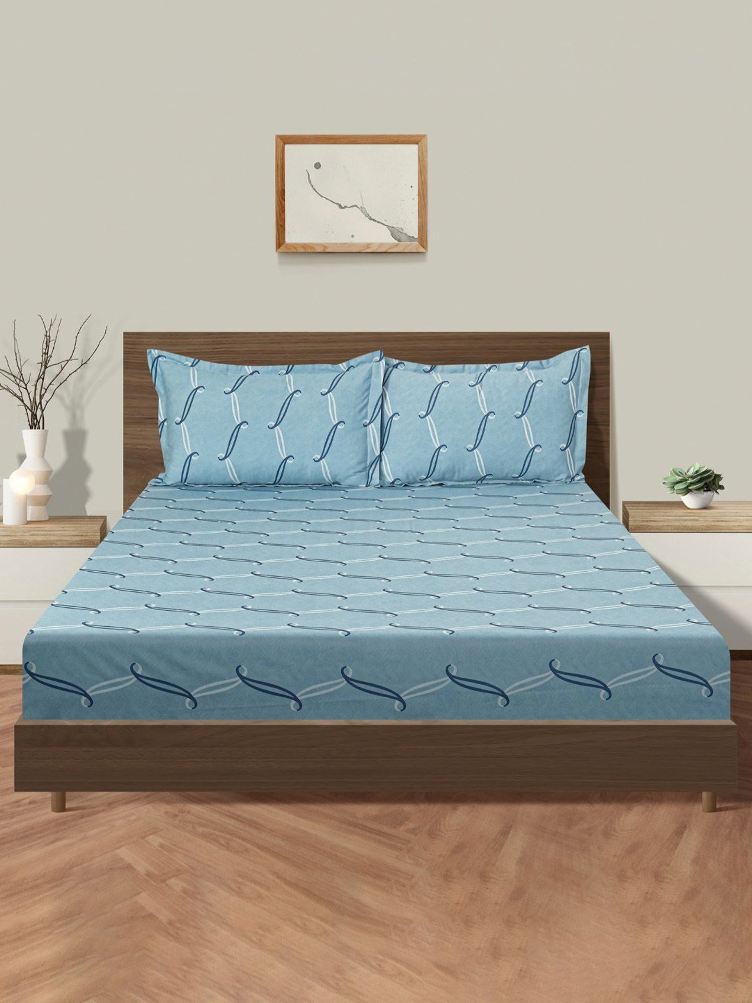 Swayam Dona Abstract Sky Blue 250 TC Cotton King Fitted Fitted Bedsheet with 2 Pillow Covers