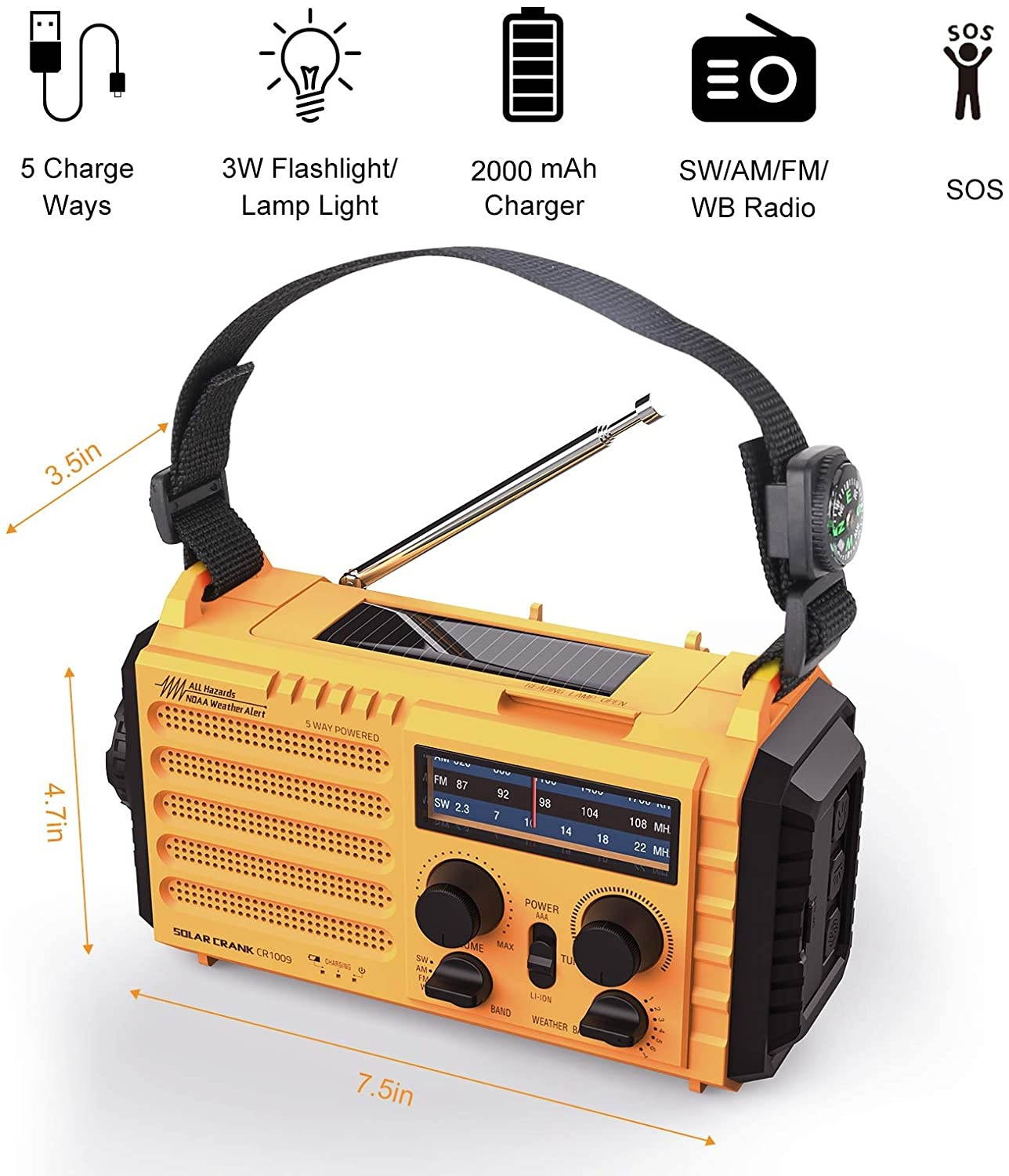 Weather Radio Raynic Solar Hand Crank Emergency Radio 5 Ways Powered AM/FM/SW/NOAA Weather Alert Portable Radio with Flashlight, Reading Lamp, Cellphone Charger and SOS Alarm (Yellow)