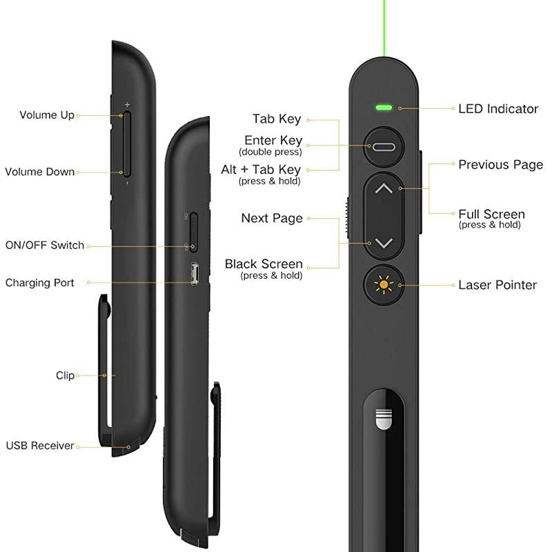 Presenter with Laser Pointer Presentation Remote Presentation Clicker for mac Laser Pointer 24GHz USB Powerpoint PPT Clicker Flip Pen for Office TeacherSupport Hyperlink Black