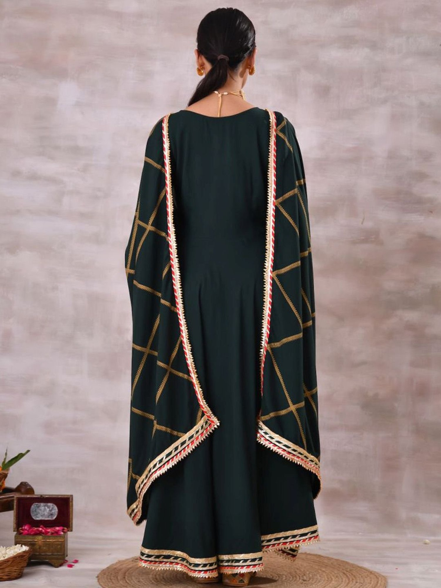 Rustorange Emerald Green Printed Kurta Dress with Dupatta