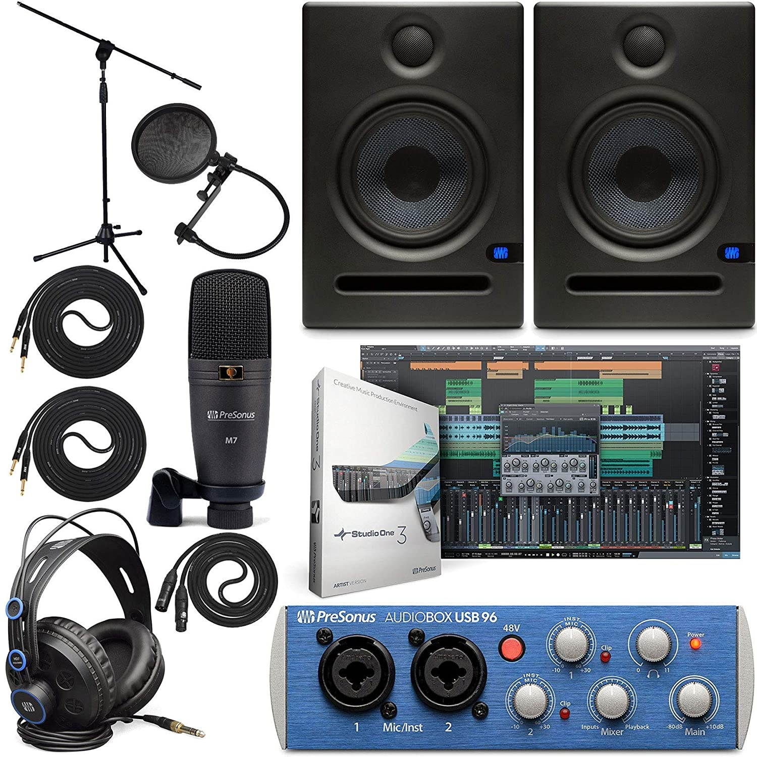Presonus AudioBox 96 Audio Interface Full Studio Bundle with Studio One Artist Software Pack w/Eris 5 Pair 2-Way Studio Monitors and 1/4&rdquo; TRS to TRS Instrument Cable