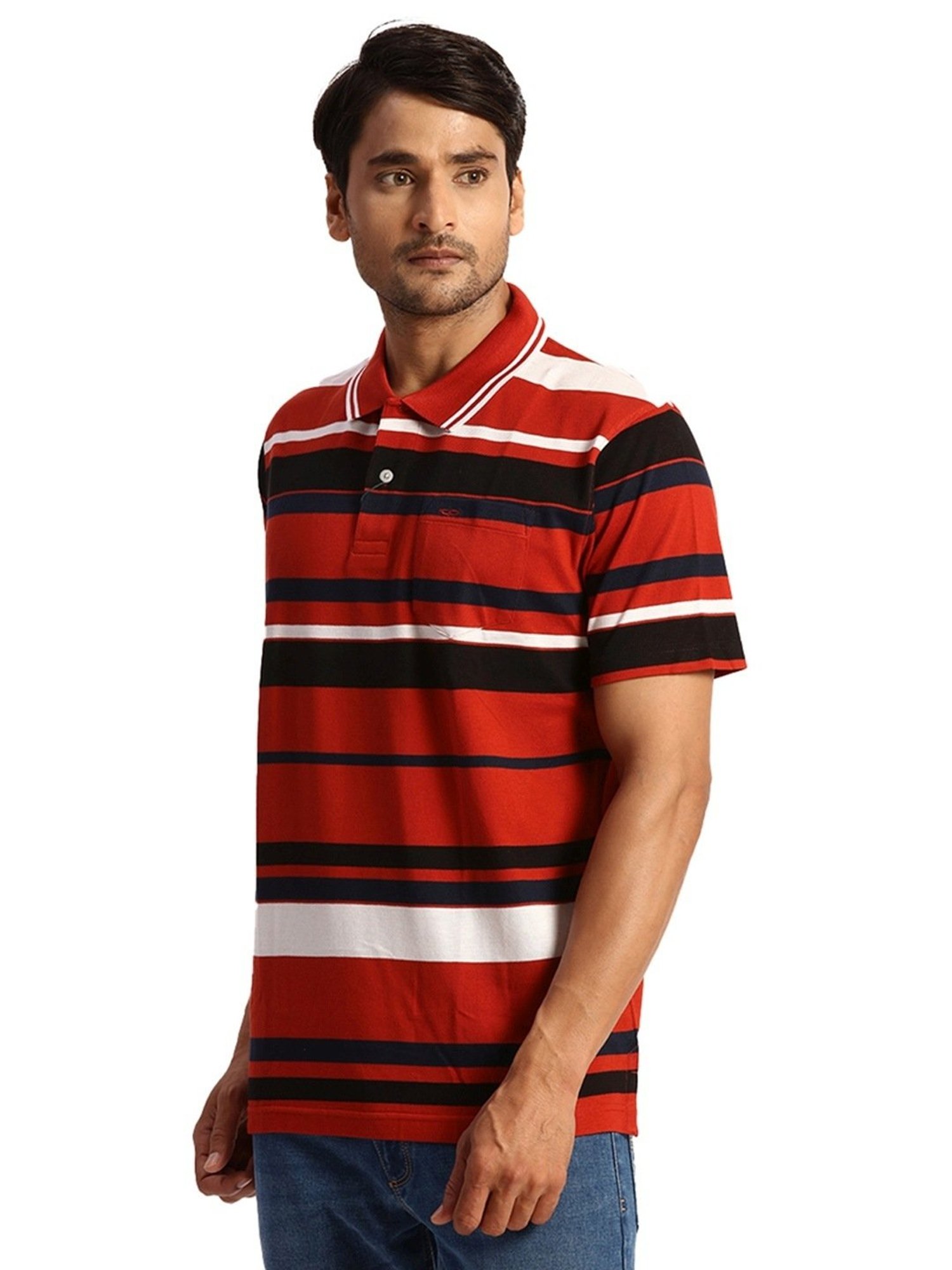 ColorPlus Orange Cotton Classic Fit Striped Polo T-Shirt