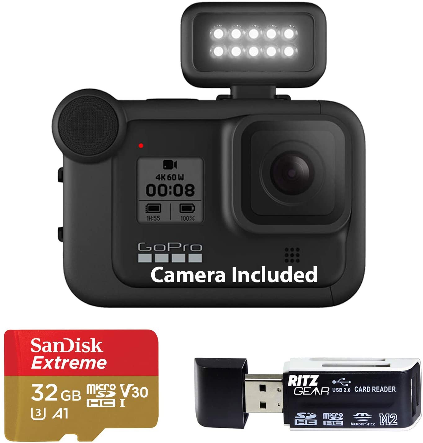 GoPro HERO8 Black Action Camera, Media Mod, Light Mod, Sandisk Extreme 32GB MicroSDHC Card and Memory Card Reader, Official GoPro Accessory&rsquo;s (ALTSC-001) (AJFMD-001)