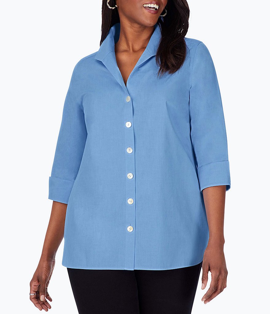 Foxcroft Plus Size Pandora 3/4 Sleeve Spread Point Collar Neck Button Front Shaped Tunic