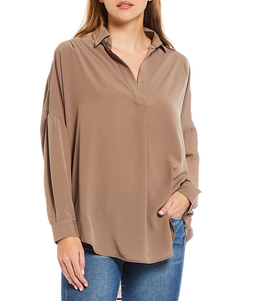 French Connection Rhodes Crepe de Chine Point Collar Long Sleeve Popover Shirt