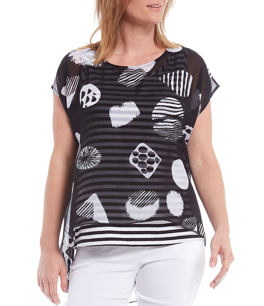 Multiples Shape Dot Print Dolman Sleeve Stripe Knit Tank Hi-Low Georgette Blouse