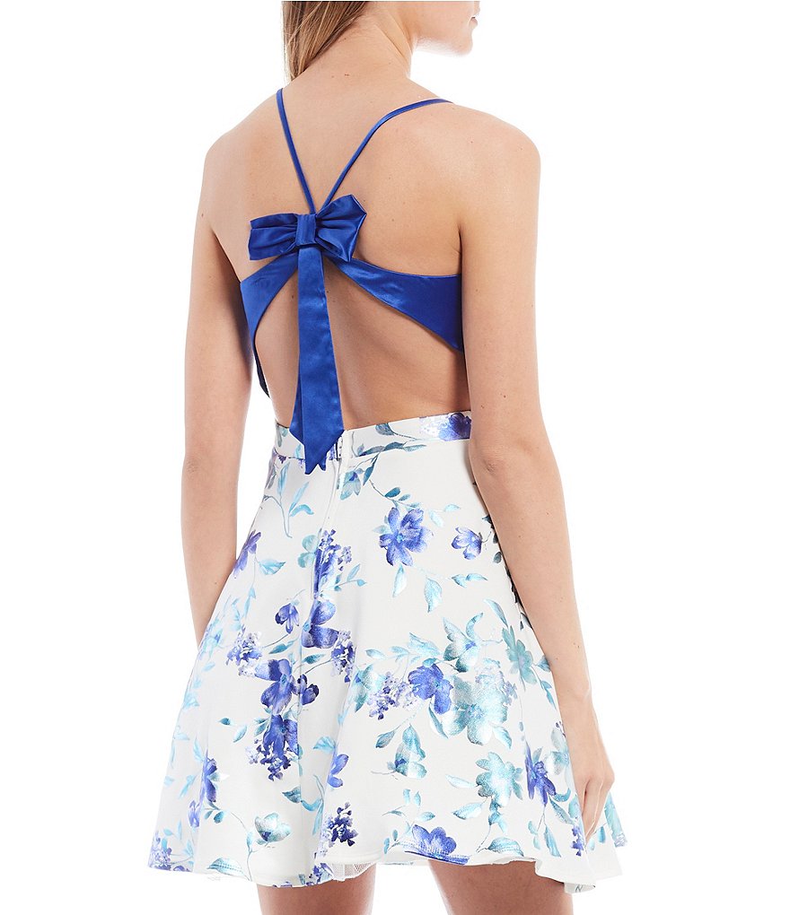City Vibe Spaghetti Strap Bow-Back Floral Foiled Fit-and-Flare Dress