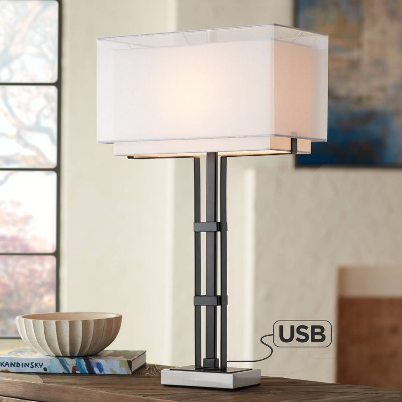 Franklin Iron Works Industrial Table Lamp with USB Charging Port Black Nickel Double Shade Living Room Bedroom House Bedside Home