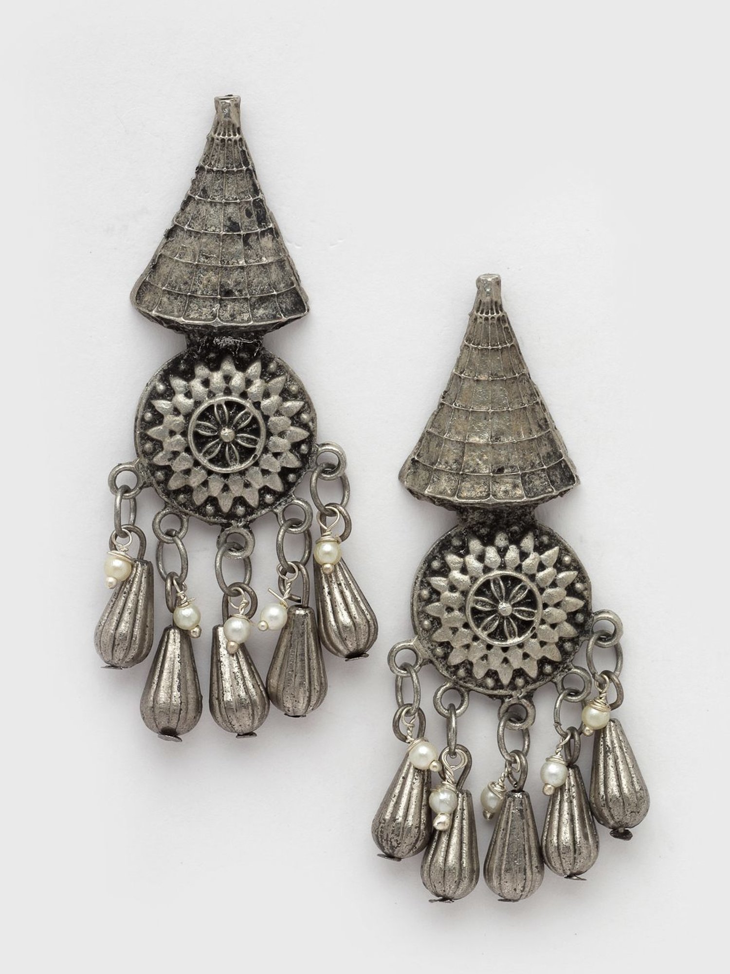 Moedbuille Pearls and Beads Antique Tasselled Design Oxidised Silver Plated Tribal Earrings