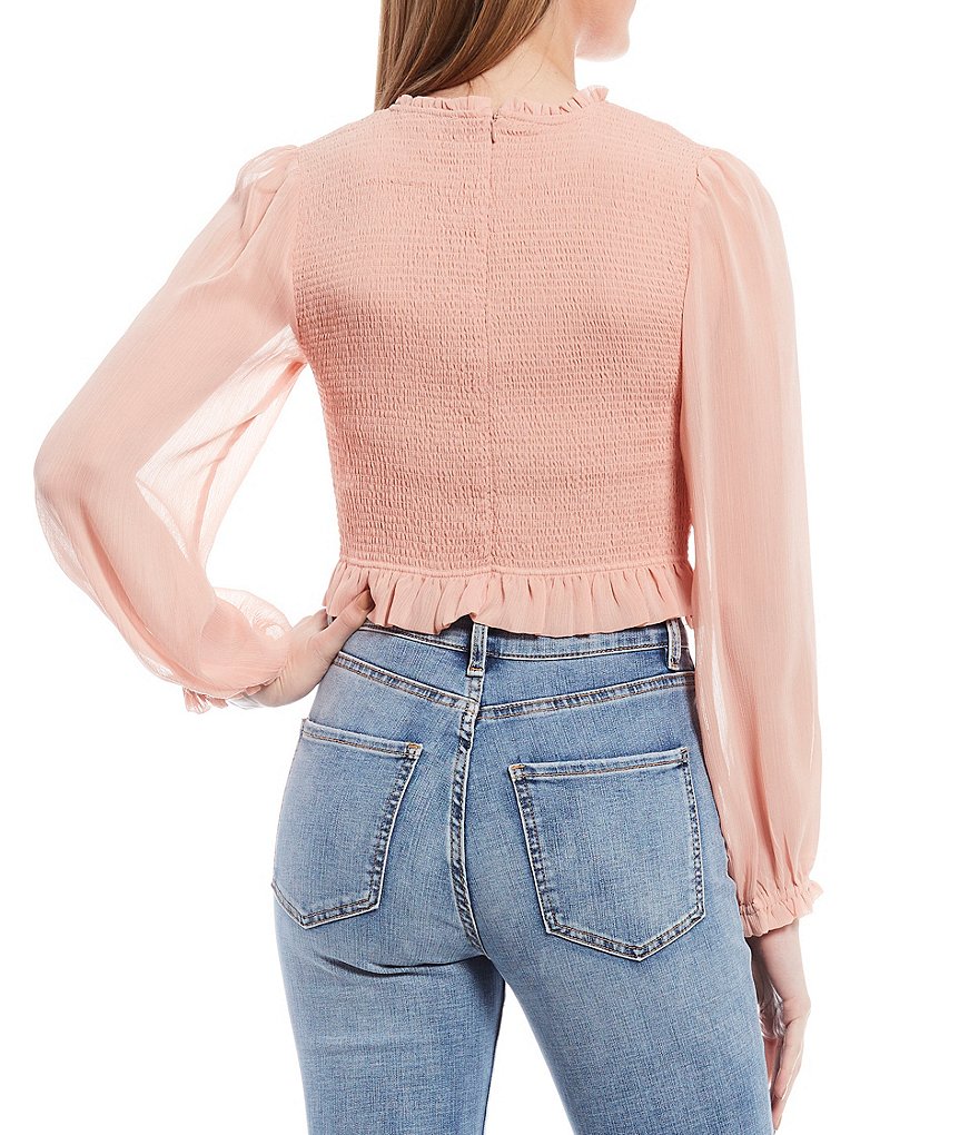 Chelsea & Violet Smocked Back Zip Long Sleeve Cropped Top