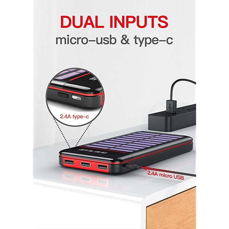 Portable Charger 25000mAh Power Bank Battery High Capacity with Digital Display LCD Screen, 3 USB Output & 2 Input, Compatible Smartphone, Tablet and More (Red)