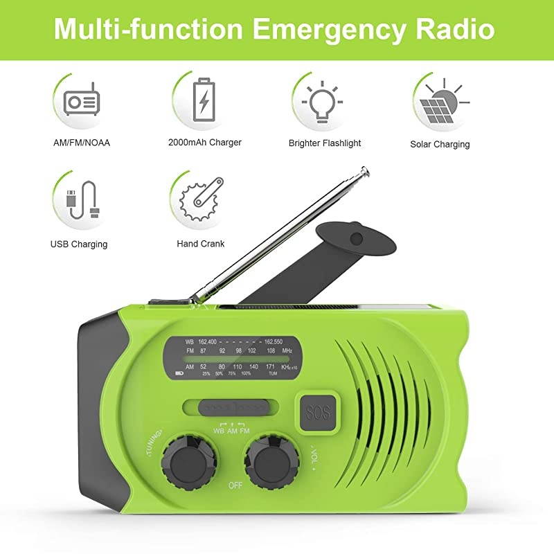 Emergency Solar Hand Crank Portable Radio NOAA Solar Hand Crank Portable Radio with MFM LED Flashlight Reading Lamp 2000mAh USB Power Bank