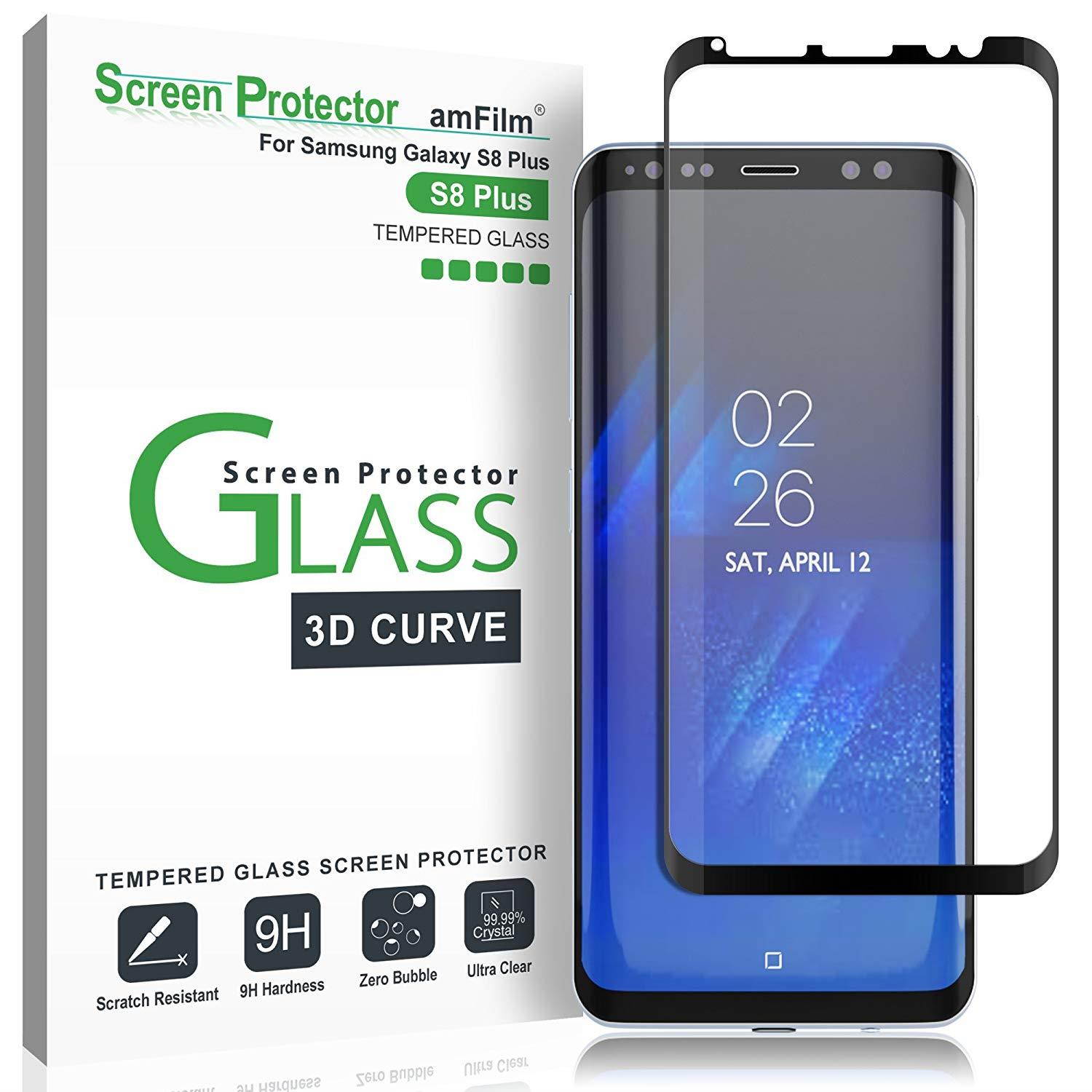 amFilm Galaxy S8 Plus Glass Screen Protector, Full Screen [Case Friendly][Easy Installation Tray] Dot Matrix 3D Curved Tempered Glass Screen Protector for Samsung Galaxy S8 Plus (Black)