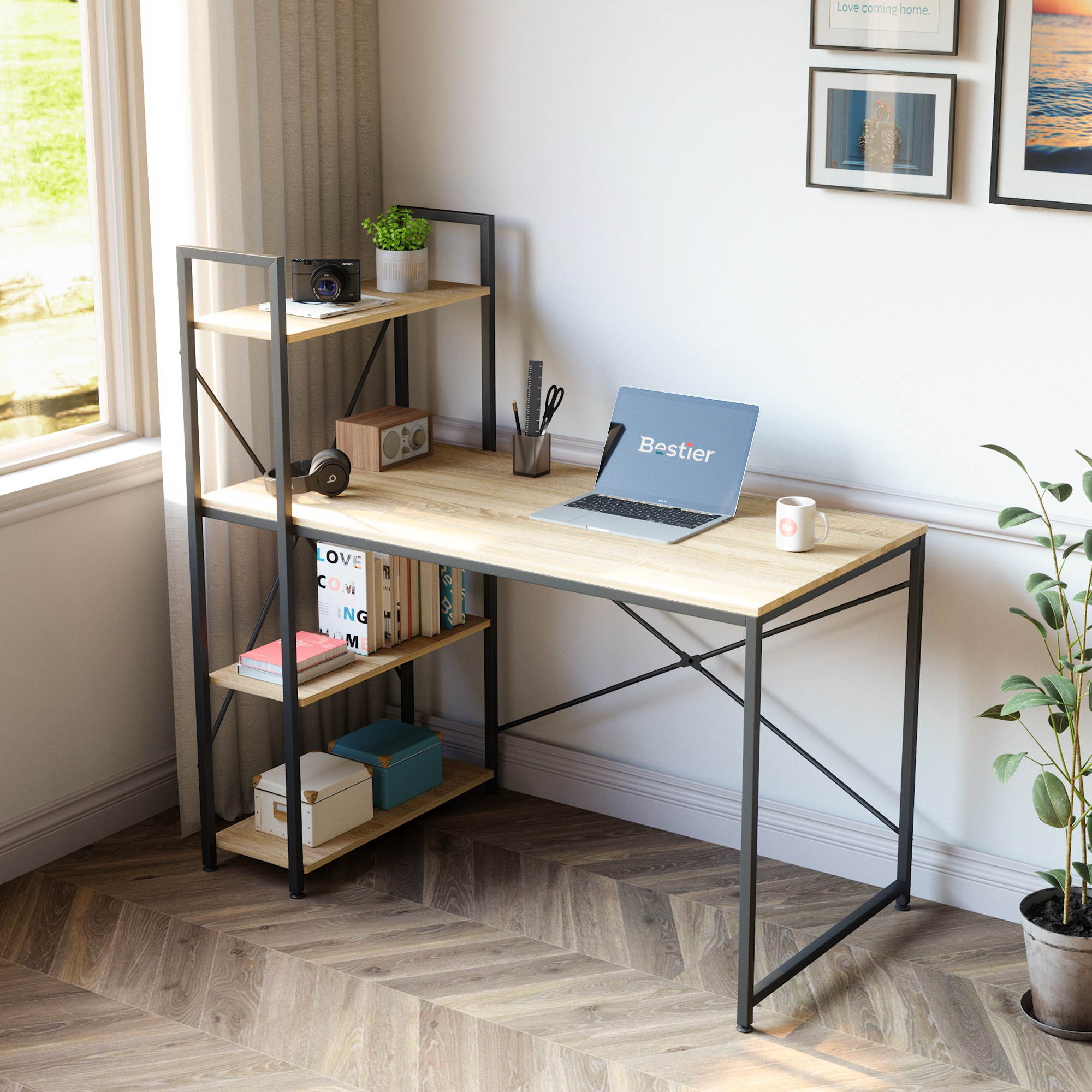 Bestier 63 Inch Computer Desk with Storage Shelves, Modern Bookshelf Desk with Headphone Hook Large Workstation Writing Desk with Reversible Bookshelves Home Office Work Table Study Desk Grey