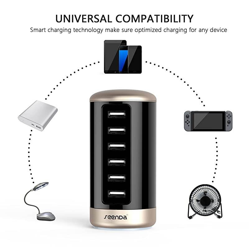 USB Charger Multi Wall Charger 6Port USB Charging Station with Smart Identification Black amp Gold