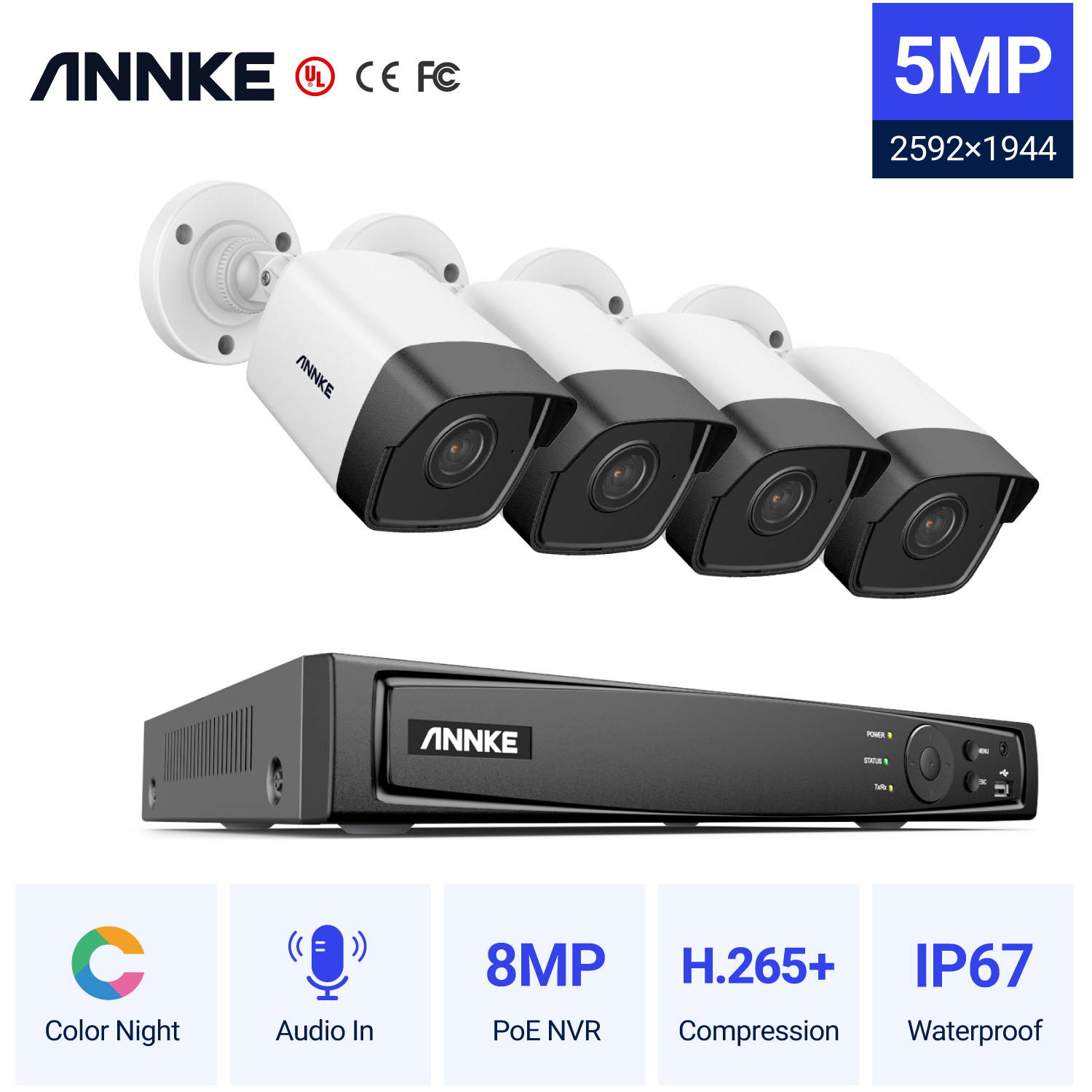 ANNKE 8CH NVR Video Surveillance System 5MP PoE Turret Security Cameras System For Home Indoor Outdoor - No HDD