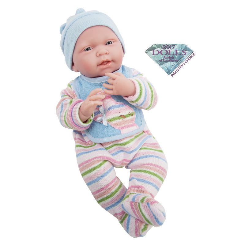 JC Toys La Newborn 15" Boy Doll - Light Blue Striped Knitted Pajama with Bib