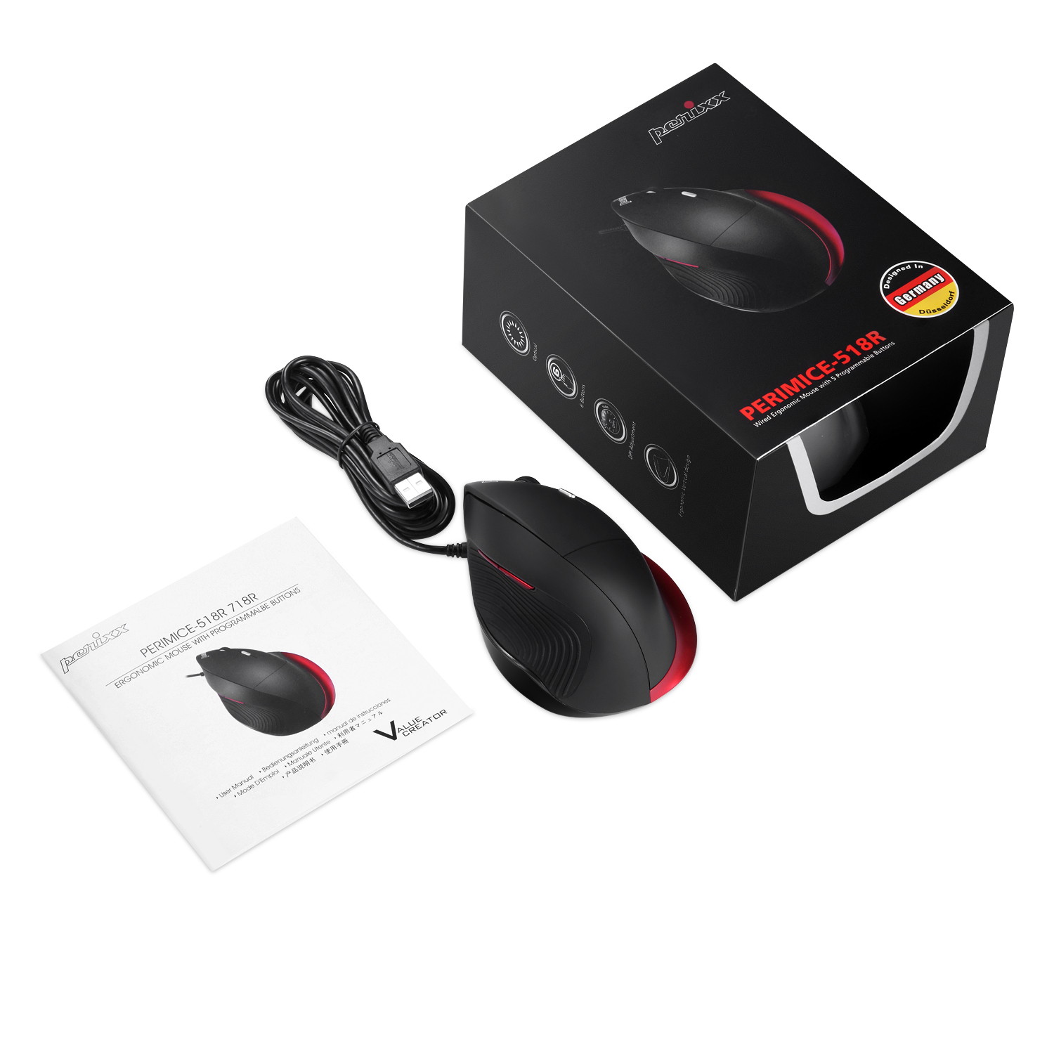 Perixx PERIMICE-518R Wired USB Ergonomic Vertical Mouse - Right Handed Design - Perixx PERIMICE-518R Wired USB Ergonomic Vertical Mouse - Right Handed Design - For Large Hands - 5 Programmable Buttons