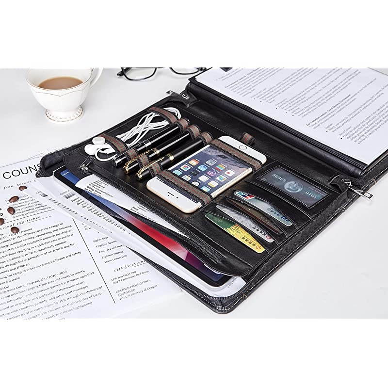 Portfolio with Tablet Case for 10.5-inch iPad Pro/Air, Business Cow Leather Padfolio Organizer with Letter Size/A4 Clipboard & Notepad Holder, Valentine's Day Gift