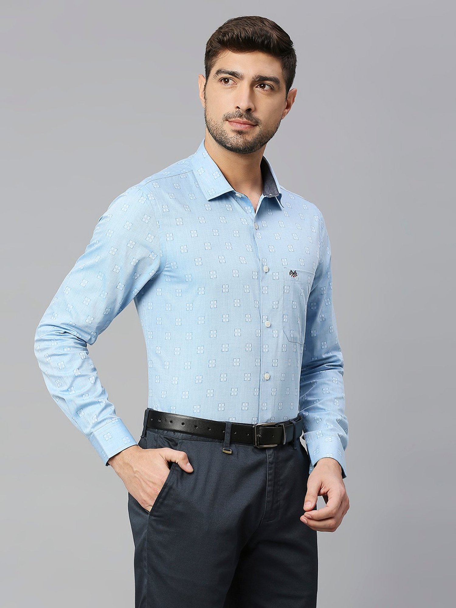 Thomas Scott Cadet Blue Slim Fit Self Design Cotton Shirt