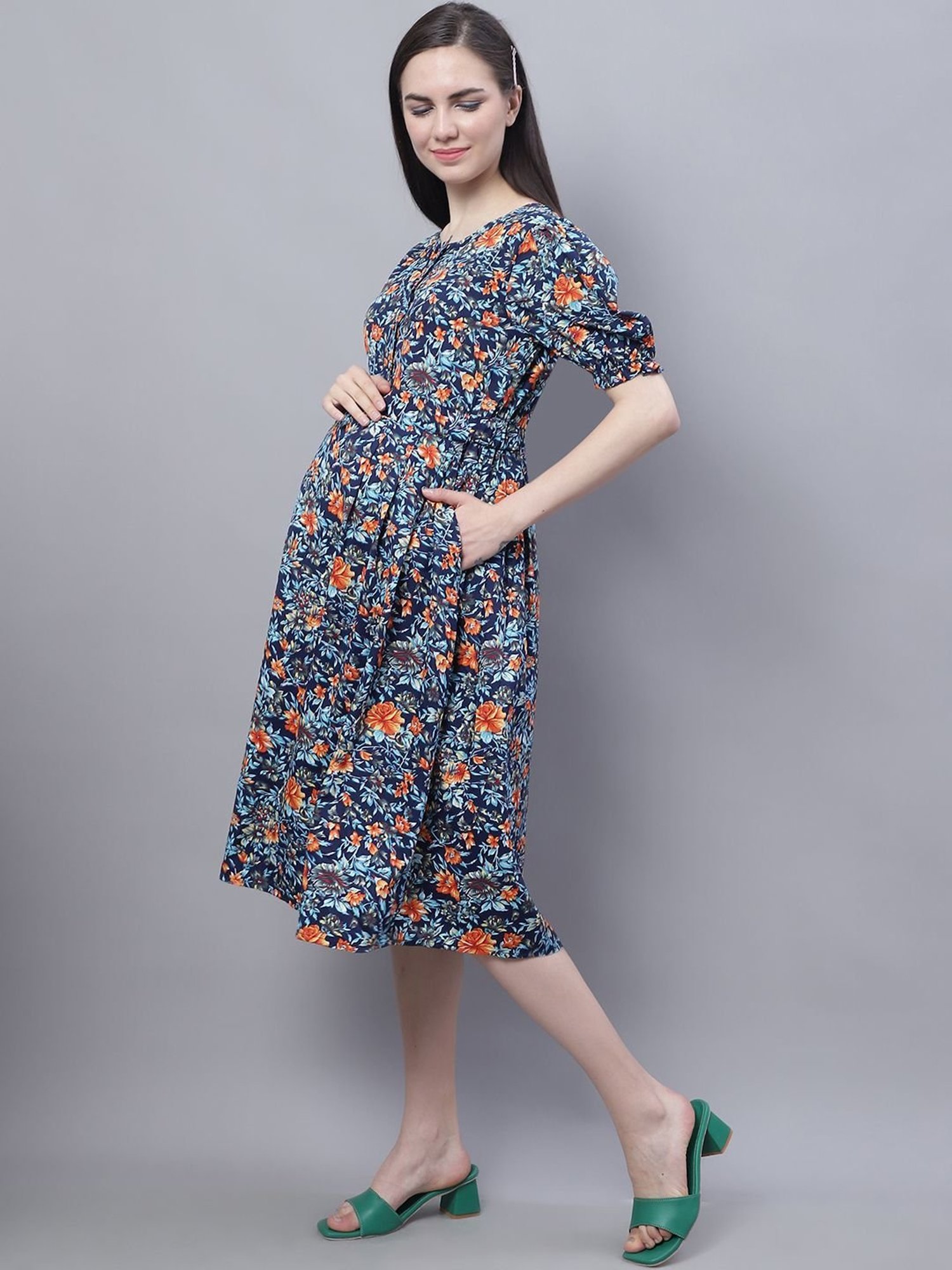 Moms Maternity Blue Printed Dress