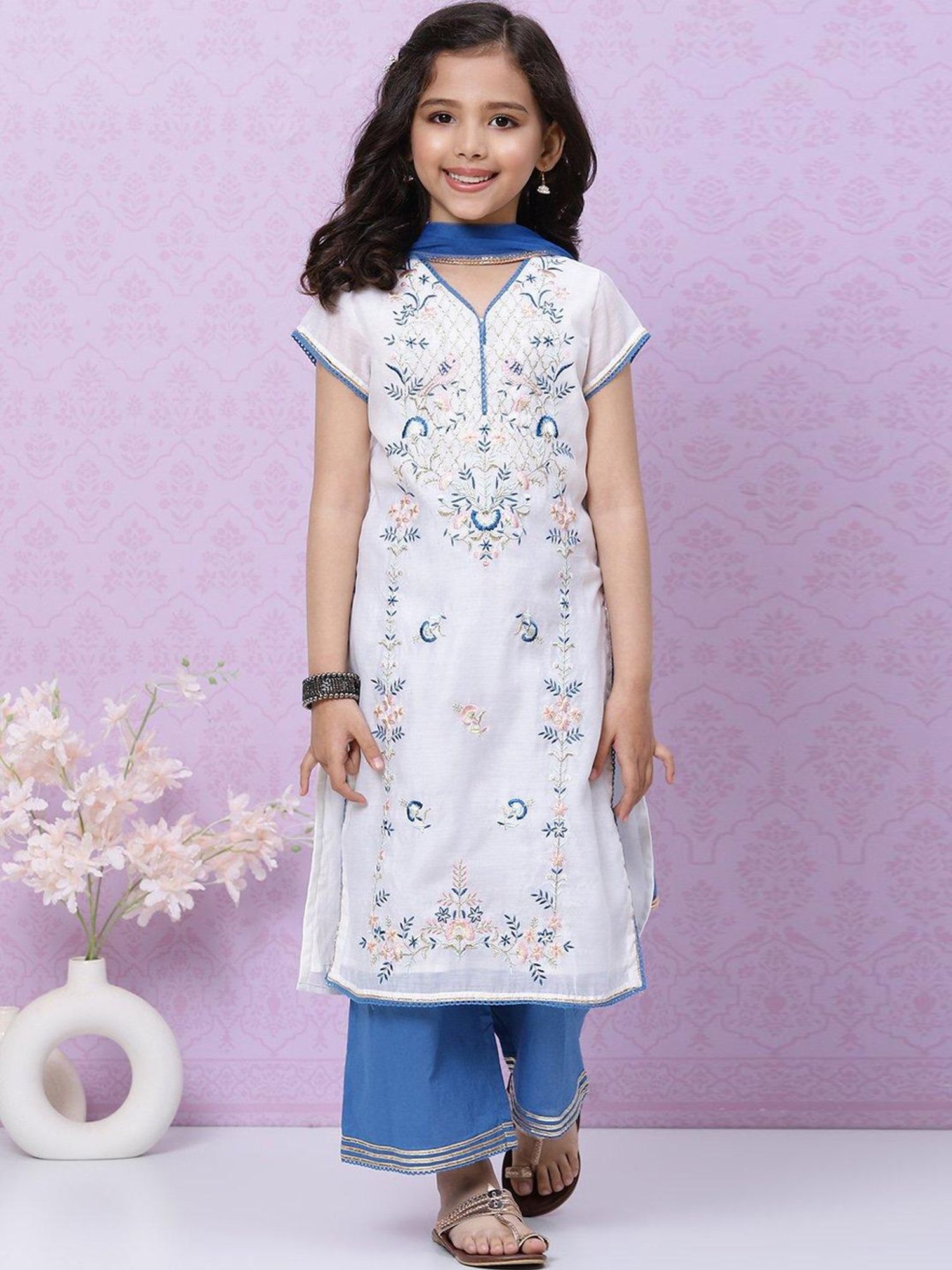 BIBA Girls White & Blue Zari Work Suit Set