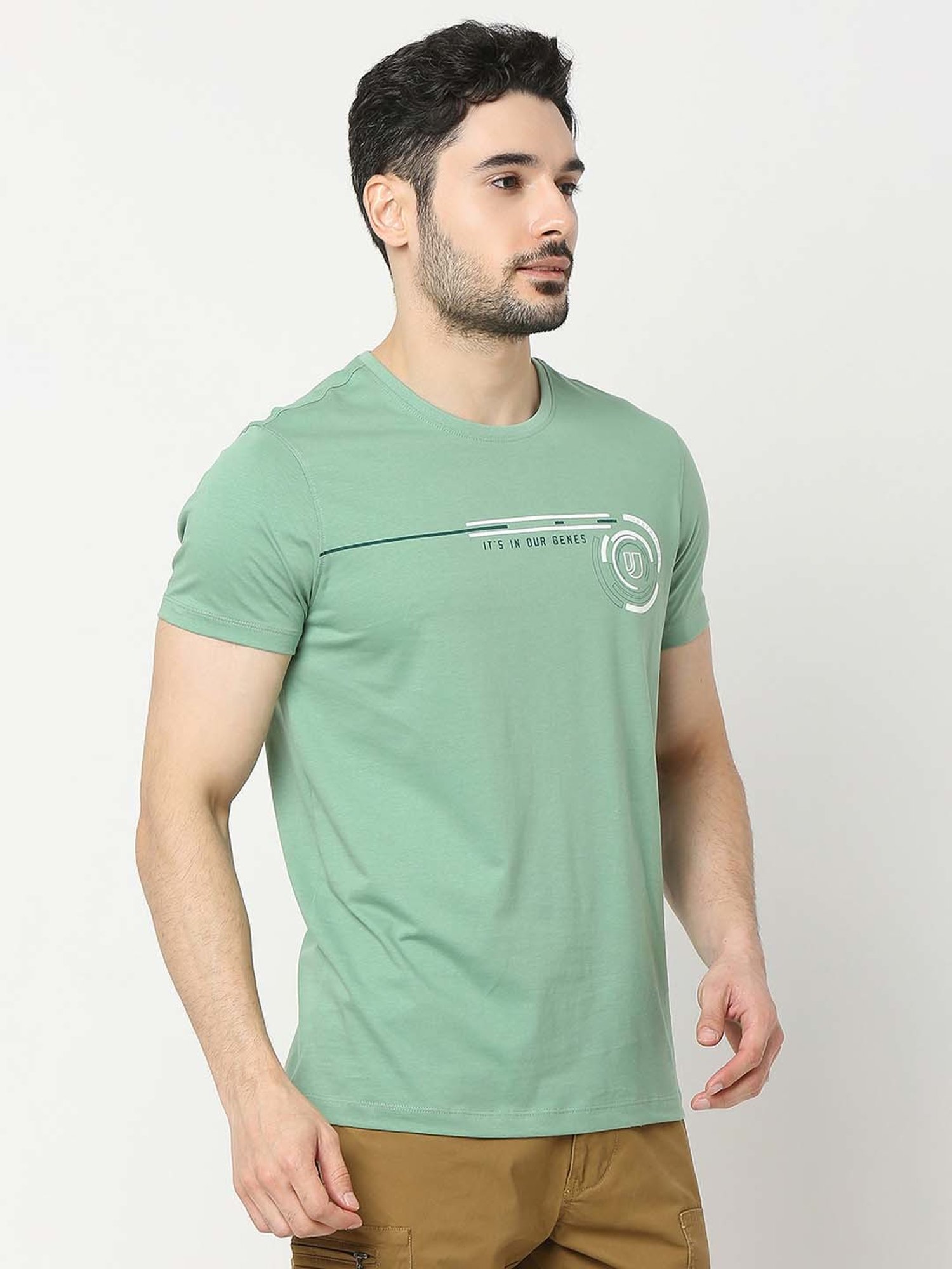 UnderJeans by Spykar Green Regular Fit Printed Cotton Crew T-Shirt