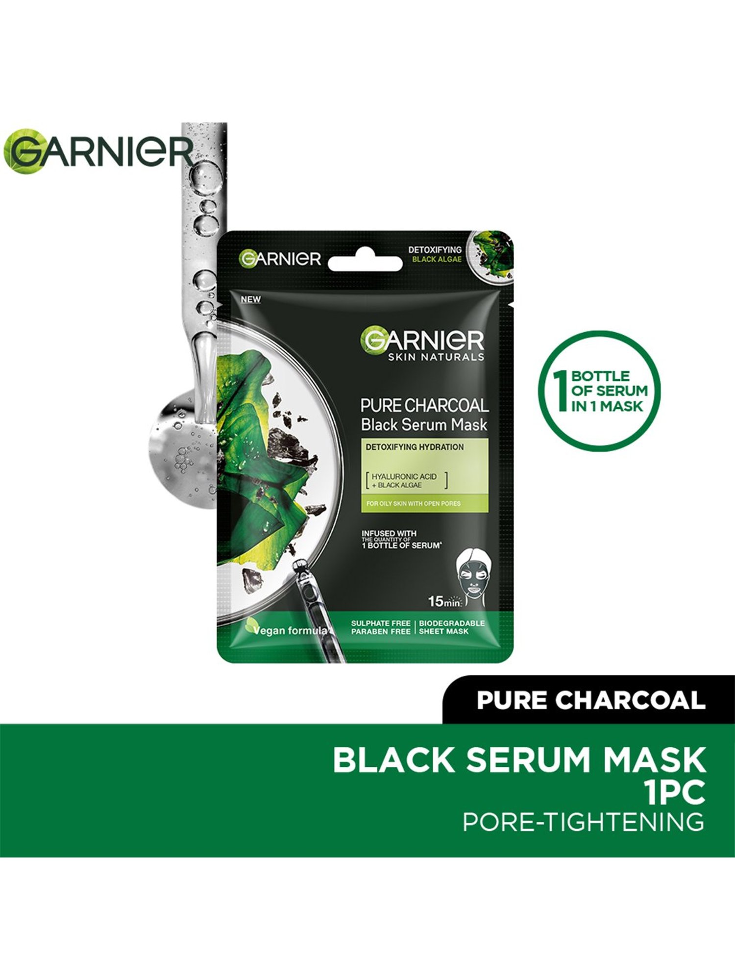 Garnier Skin Naturals Charcoal Face Serum Sheet Mask Black - 28 gm