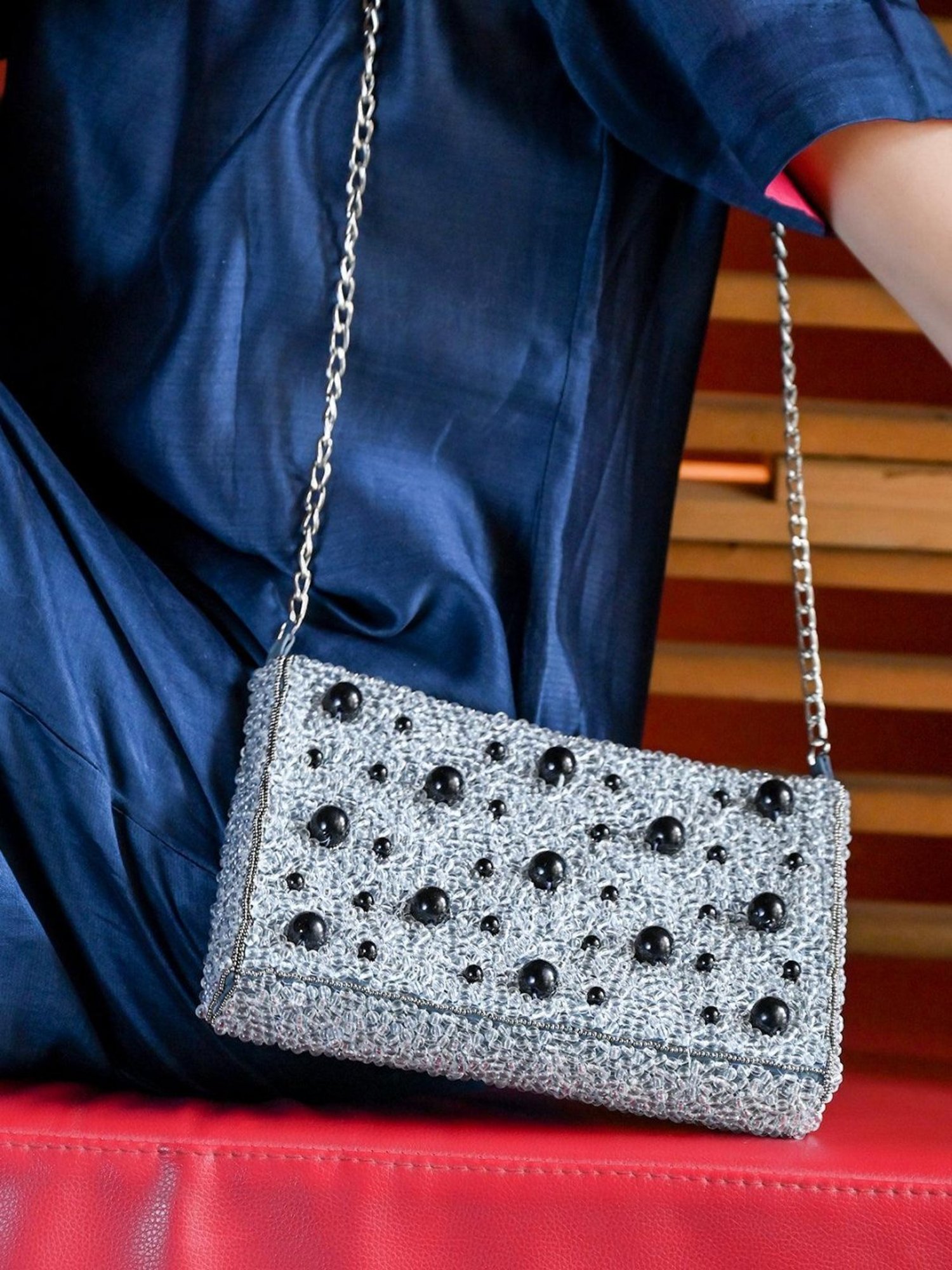 Odette Grey & Black Striped Sling Handbag